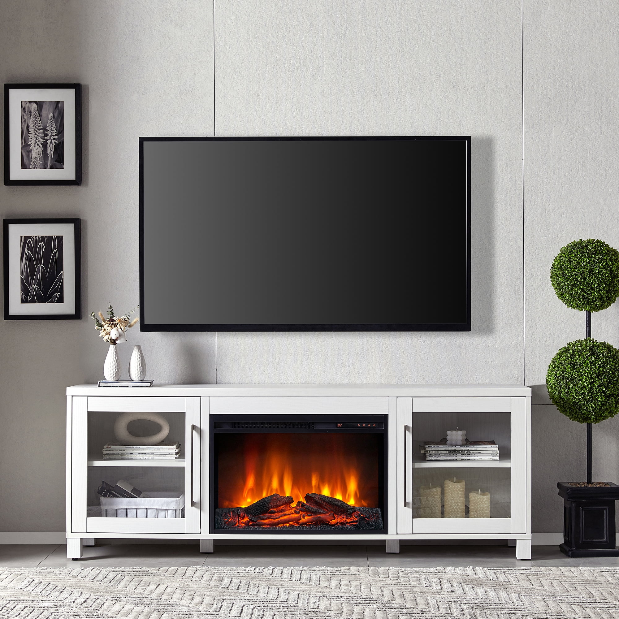 Evelyn&Zoe Quincy Rectangular TV Stand with 26" Log Fireplace for TV's up to 75", White - Image 4