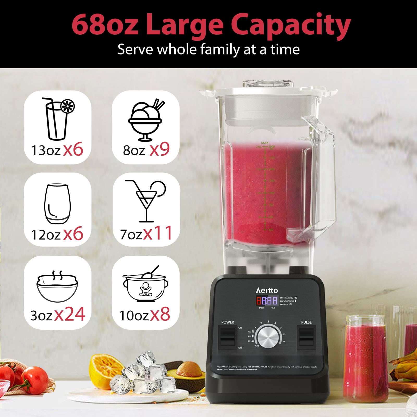 Aeitto Blender for Kitchen with 1500-Watt Motor, 68 Oz Large Capacity, Countertop Professional Blenders for Ice Crush, Frozen Drinks, Coal - Image 5