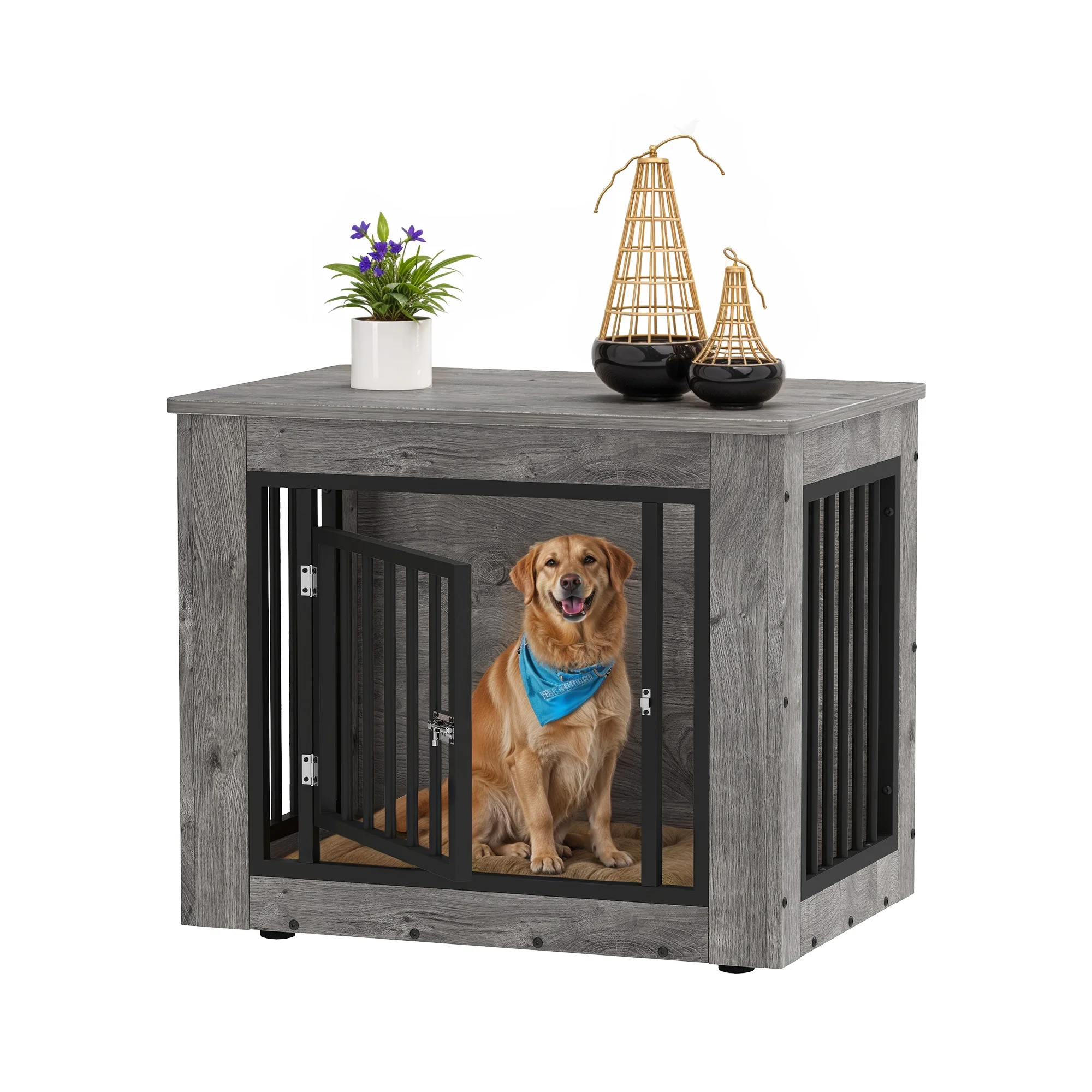 Uforic 2-in-1 Dog Crate Furniture, 30 in Iron-Wood Indoor Dog Cage Table with Steel Lock & Waterproof Top,Gray - Image 8