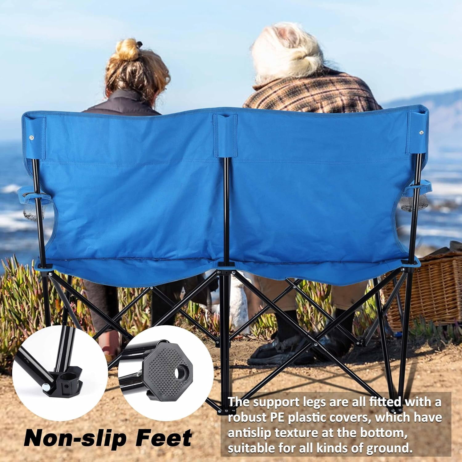 Double Camping Chair, Outdoor Folding Loveseat Chair Supports 500 LBS, Portable Oversized Lawn Chair with Cup Holders for Backpacking Hiking Picnic, Sturdy Steel Frame & 600D Oxford Fabric - Image 5