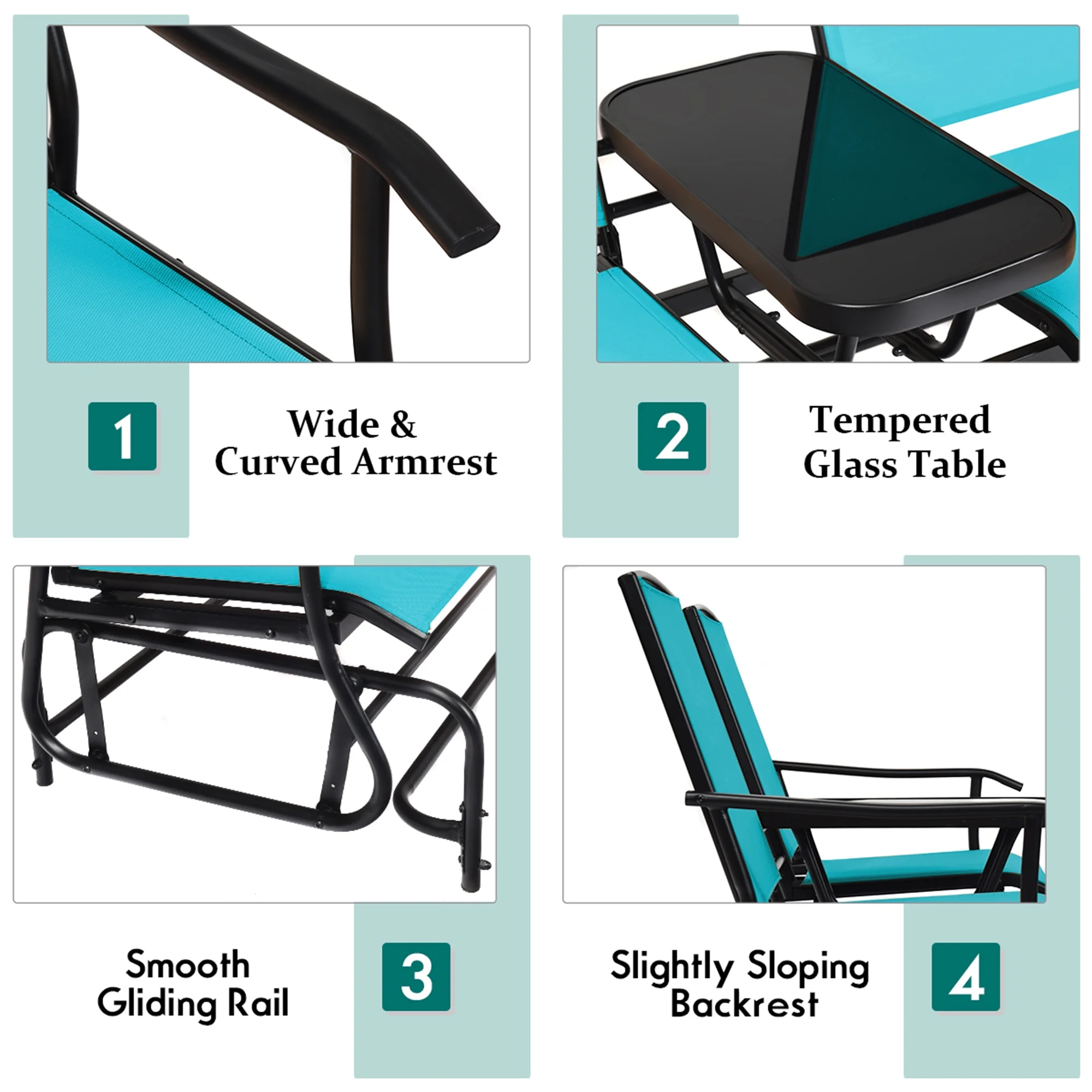Gymax Patio 2-Person Glider Rocking Char Loveseat Garden w/ Tempered Glass Table Turquoise - Image 6