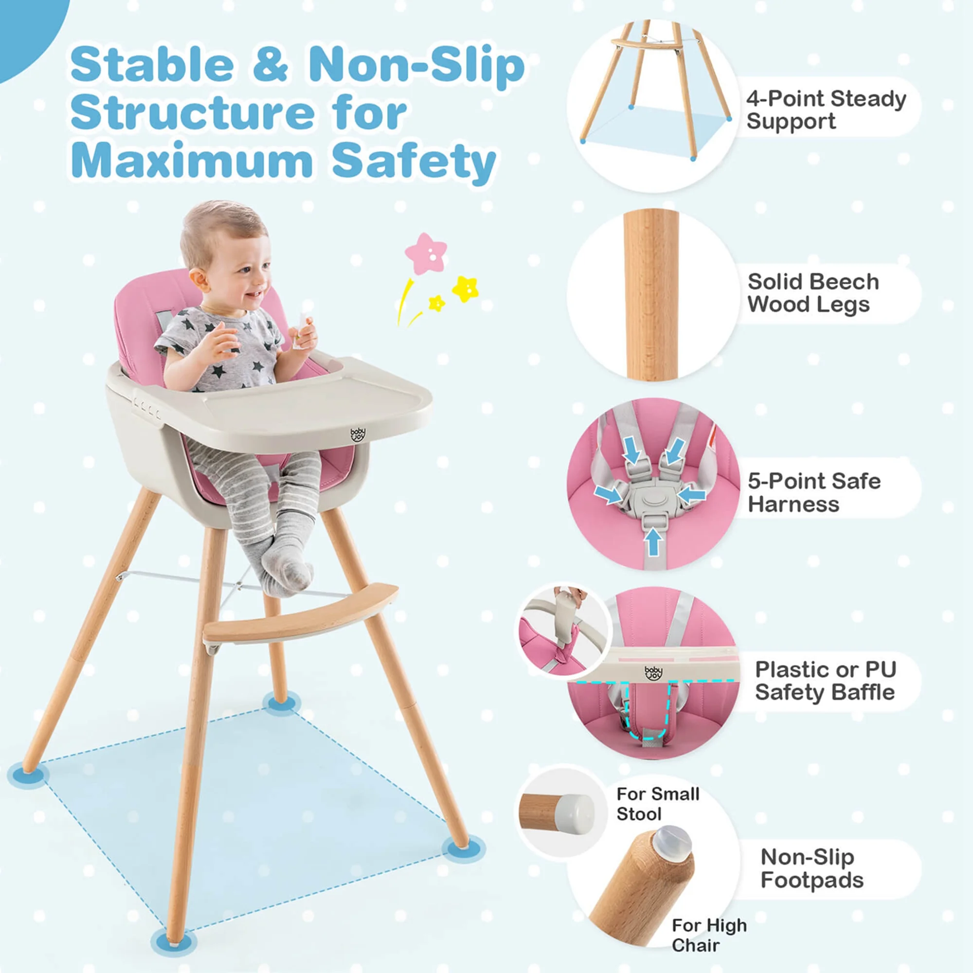 Baby joy Wooden High Chair Baby Toddler 3 in 1 Convertible Highchair w/ Cushion Pink - Image 8