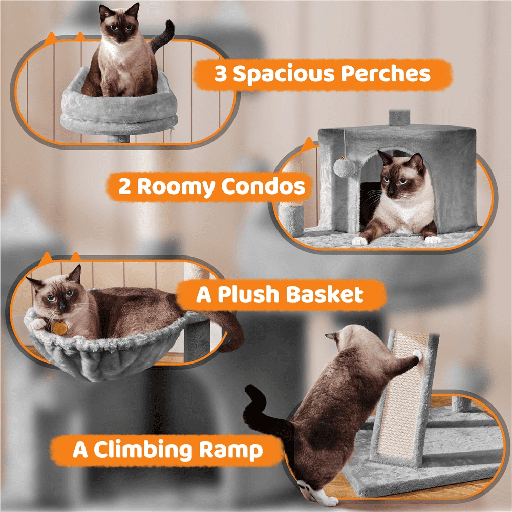 Alden Design 68.5"H Large Multilevel Cat Tree Tower with Condos and Perches, Light Gray - Image 2