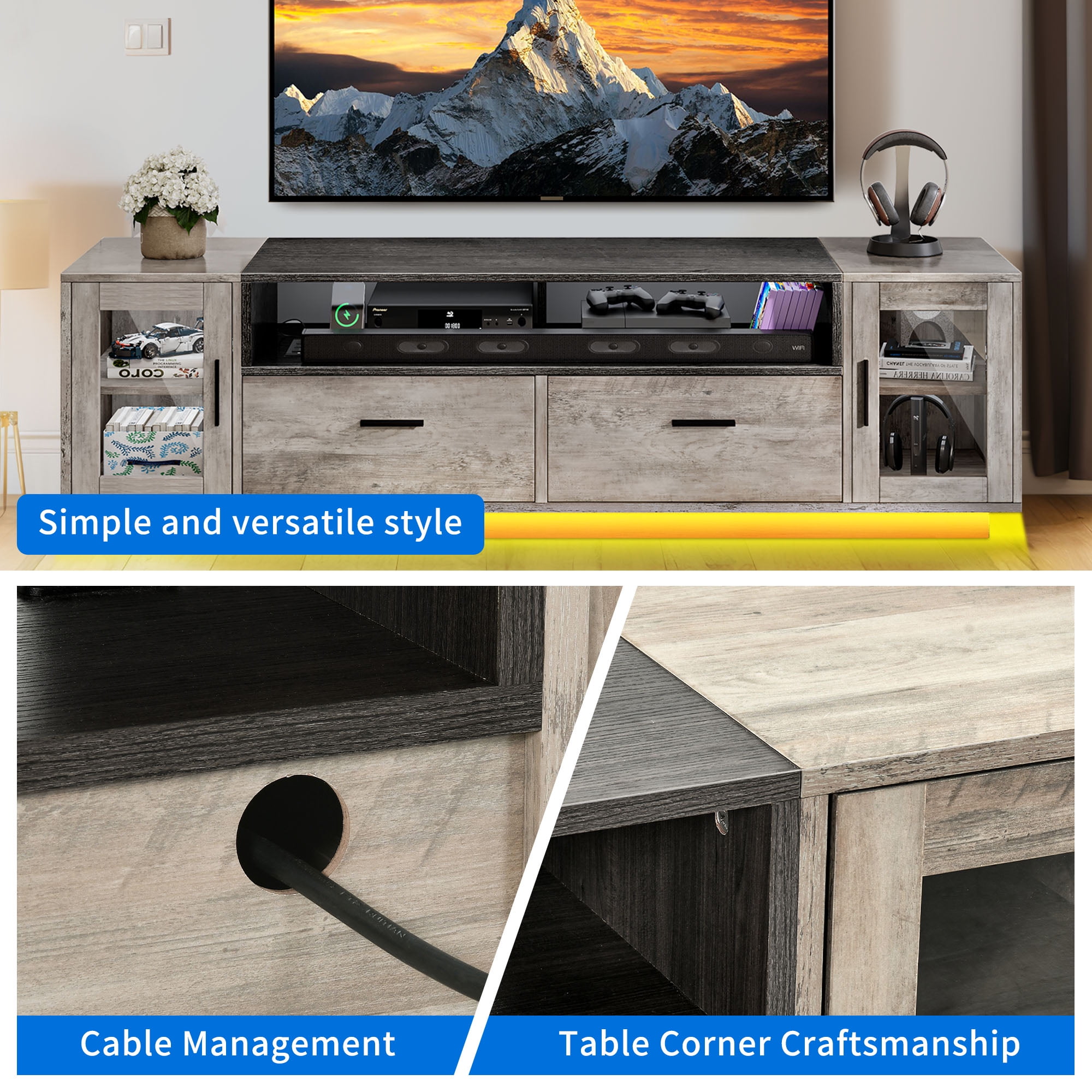 Dextrus LED TV Stand for 75" TV, Entertainment Center w/Outlets & USB Ports, Media Cabinet, Gray - Image 4