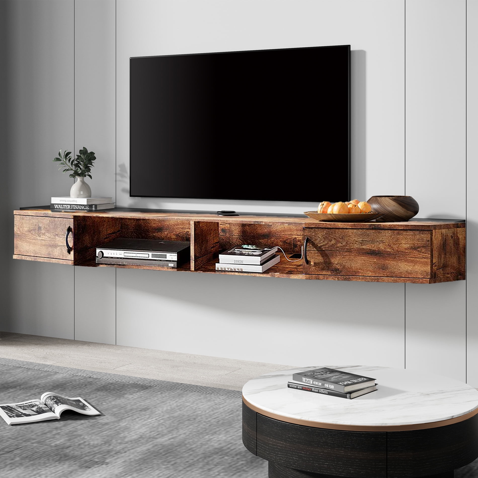 Floating TV Stand Wall Mounted Shelf with Blue LED Lights, Wood Media Console Entertainment Center Under TV, Cabinet Hutch Desk Storage for Living Room,Rustic Brown - Image 2
