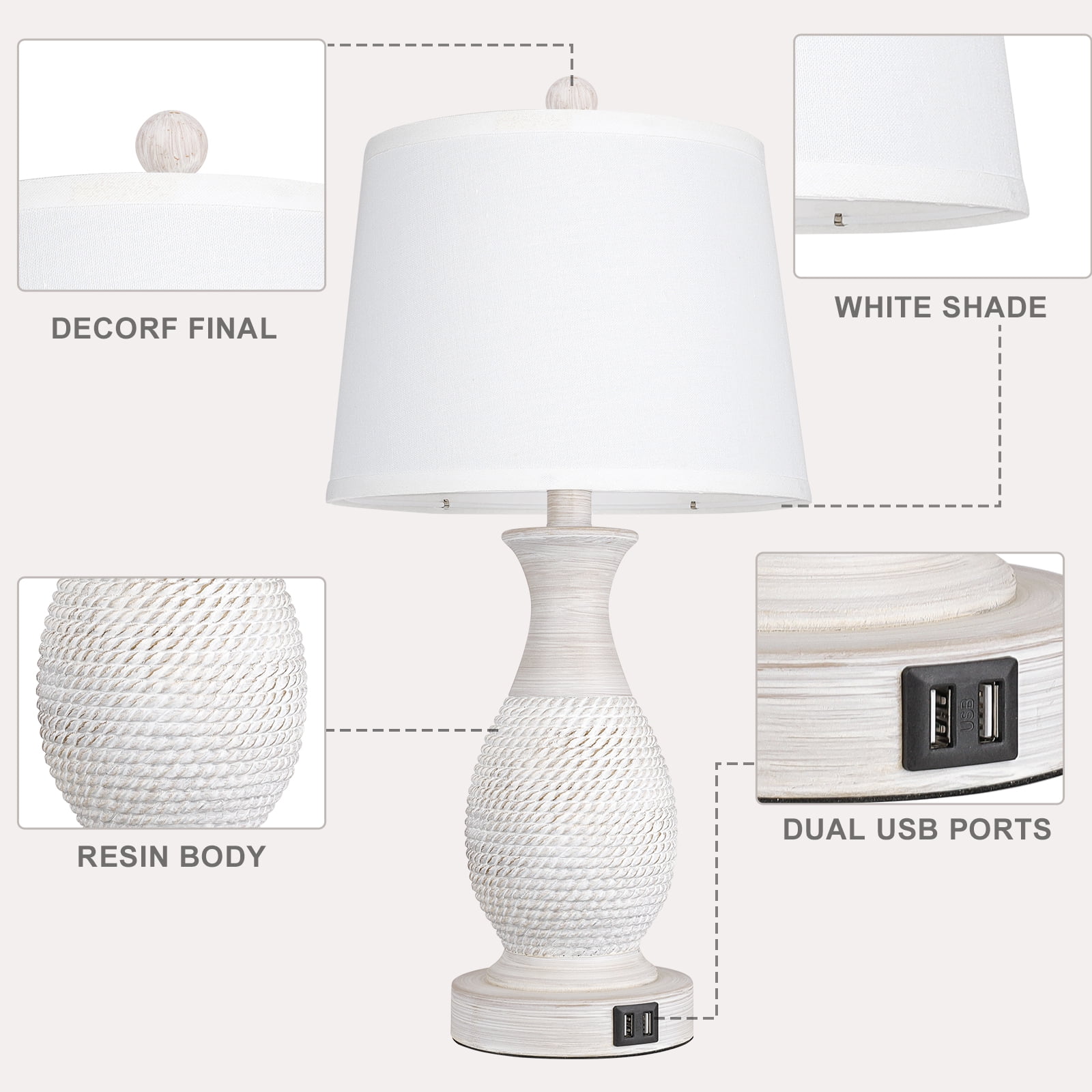 Partphoner Washed White Touch Control Table Lamp Set of 2, Resin Rustic Farmhouse Bedside Lamps - Image 2