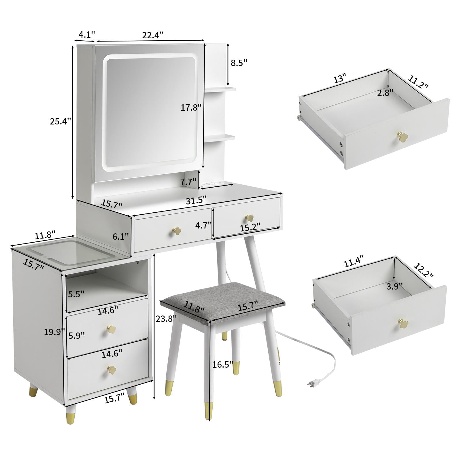 Ktaxon 3 Color Lighted Vanity Table Set, Makeup Table with LED Nightstand, Dressing Table with USB Charging Station, Women, Female Bedroom, White - Image 5