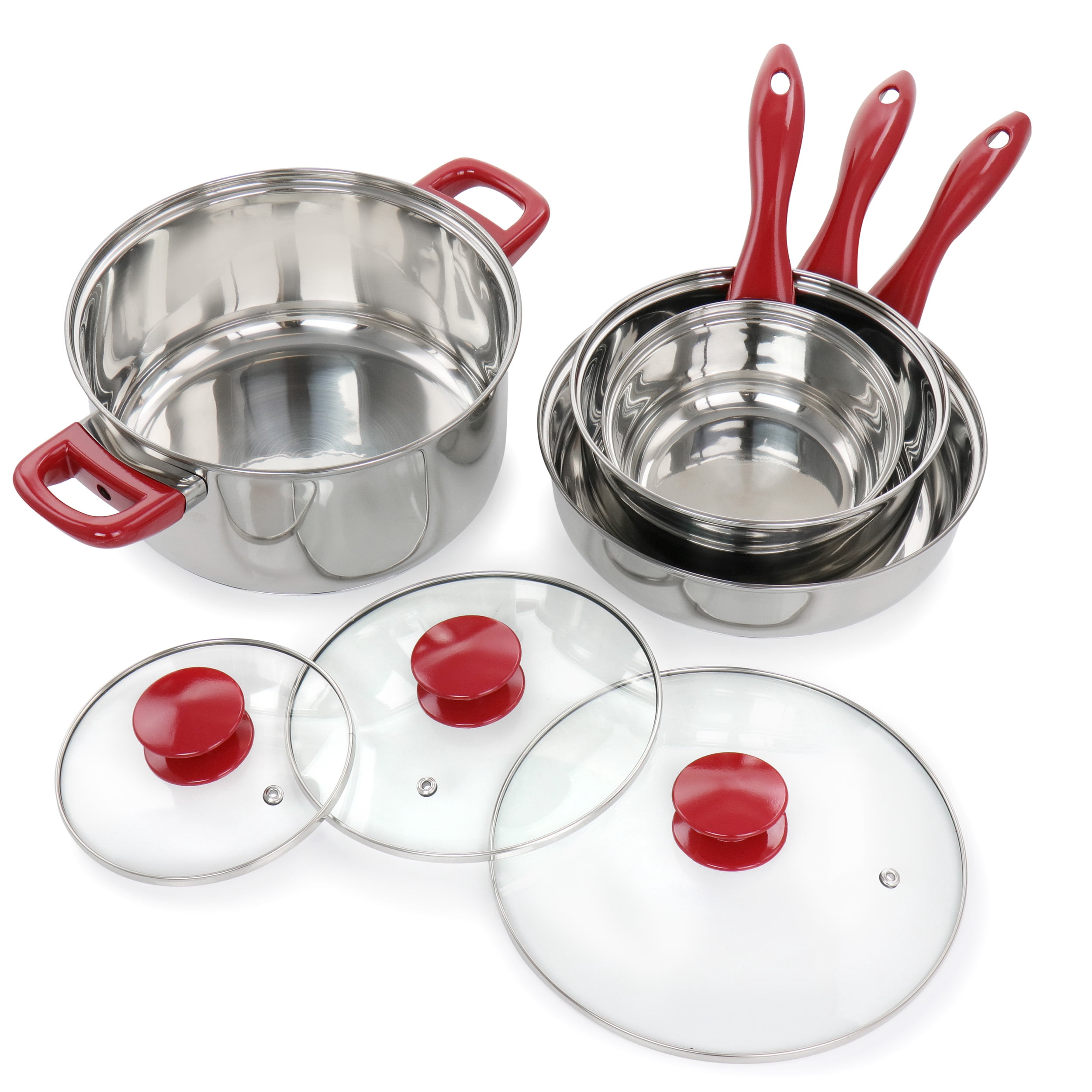Crawson 7 Piece Stainless Steel Cookware Set in Chrome with Red Handles - Image 3