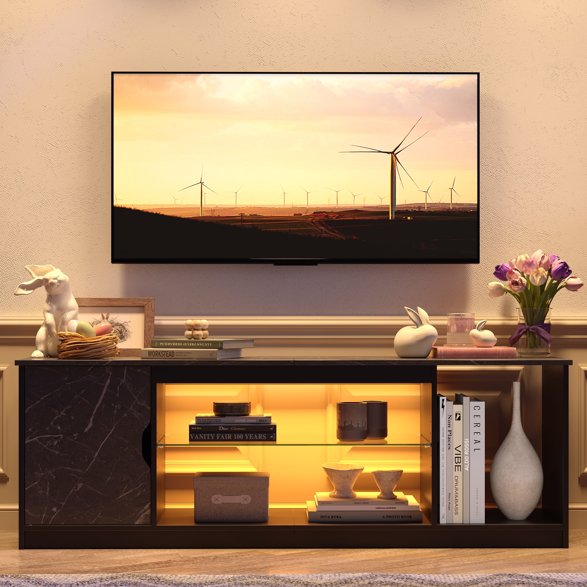 Bestier LED TV Stand for 60/65 inch TV PS5 Gaming Entertainment Center for TVs with Storage Cabinet for Living Room, Black Marble - Image 9