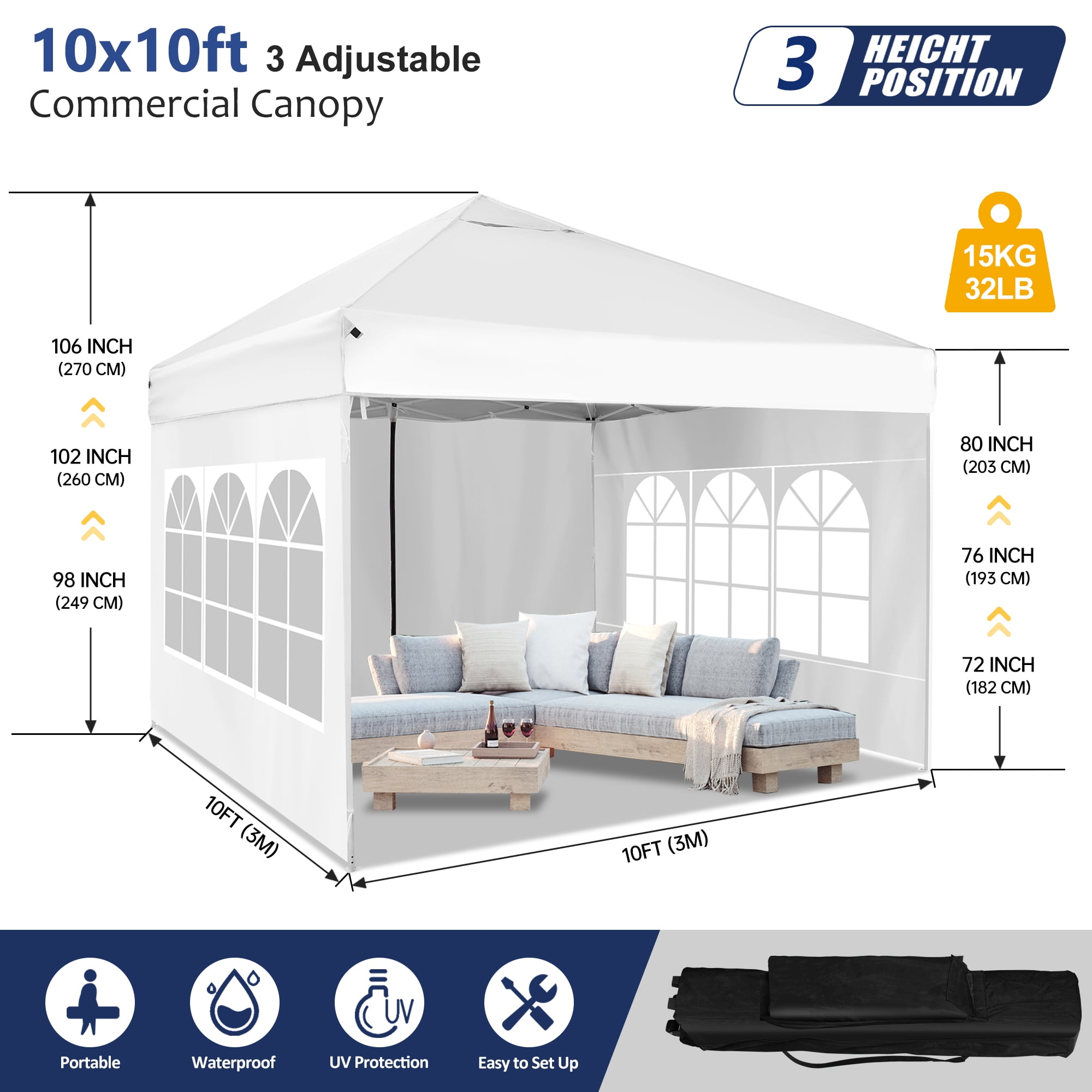 VentuLodge 10' x 10' Pop up Canopy Tent with Sidewalls, Windows, 4 Weight Bags, 8 Stakes, 4 Ropes, Wheeled Bag - White - Image 3