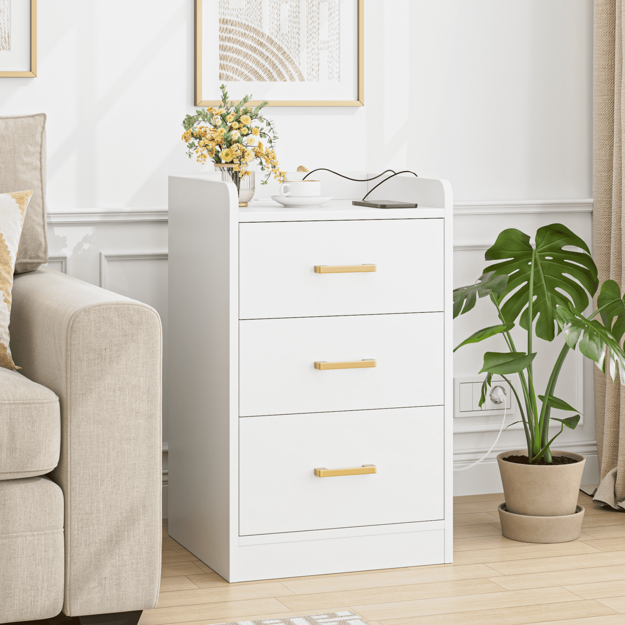 Homfa White Nightstand with Charging Station, 3 Drawers Nightstand for Bedroom, Modern Storage Cabinet for Living Room - Image 2