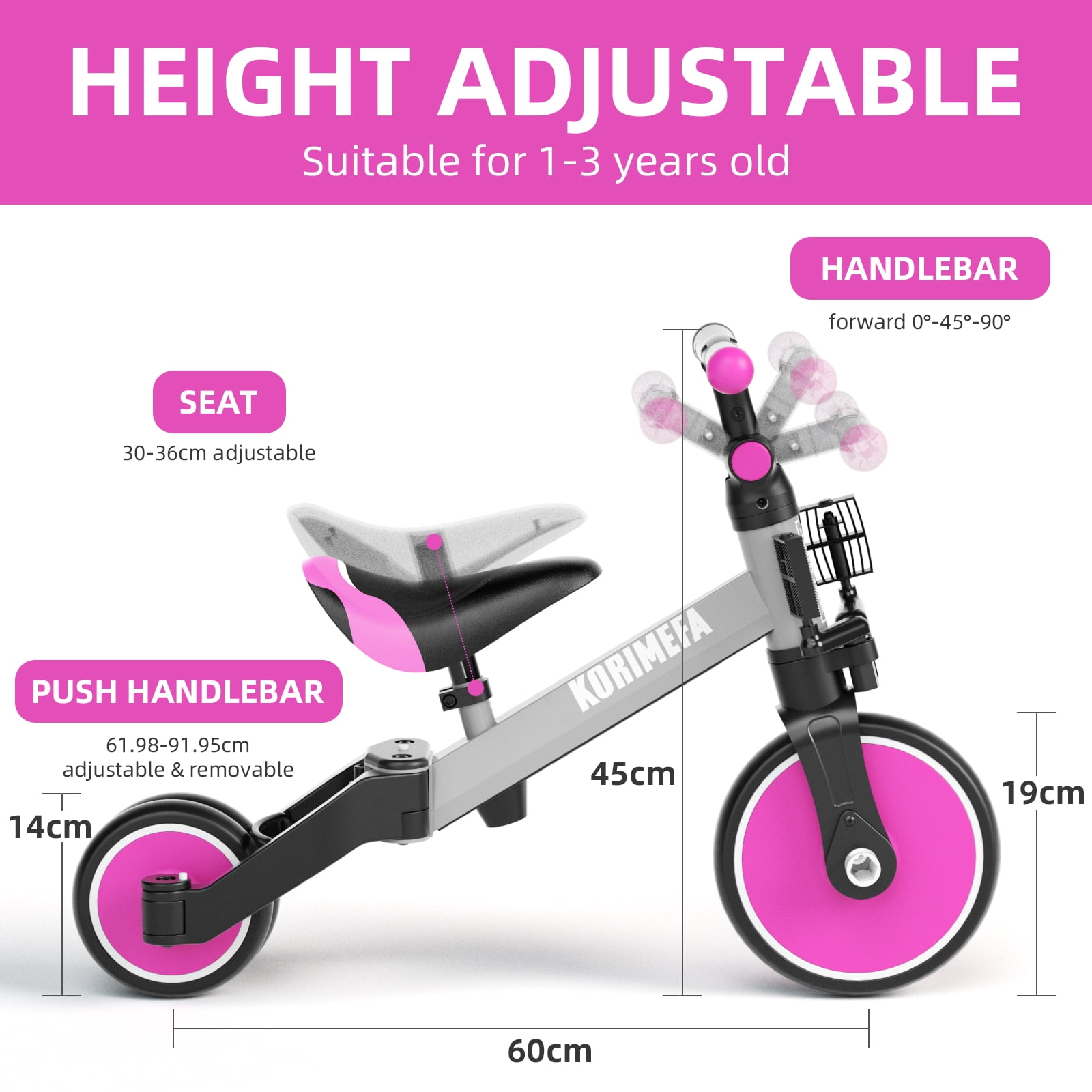 KORIMEFA Toddler Bike with Push Handle,Tricycles for 1 to 3 Years Old, Toddler Tricycle with Push Handle for Boy Girl, Baby Bike Balance Bike - Image 3