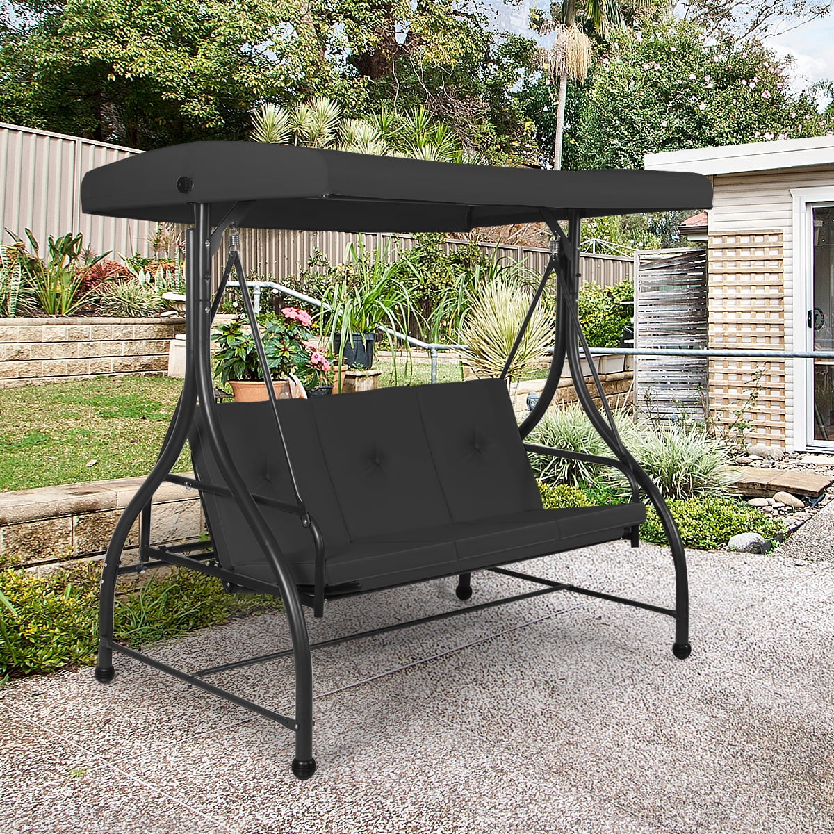 Costway Converting Outdoor Swing Canopy Hammock 3 Seats Patio Deck Furniture Black - Image 5