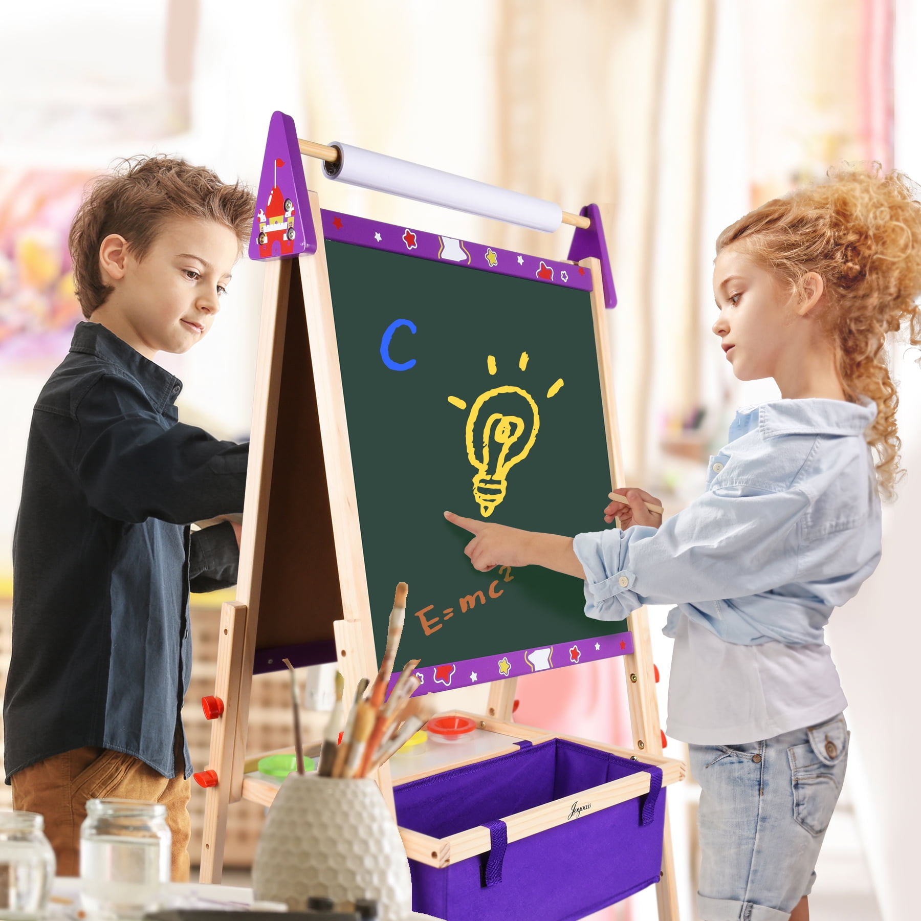 Joyooss 39.57"-50.12" Adjustable Wooden Kids Art Easel with 98+ Accessories, Double-Sided - Image 7