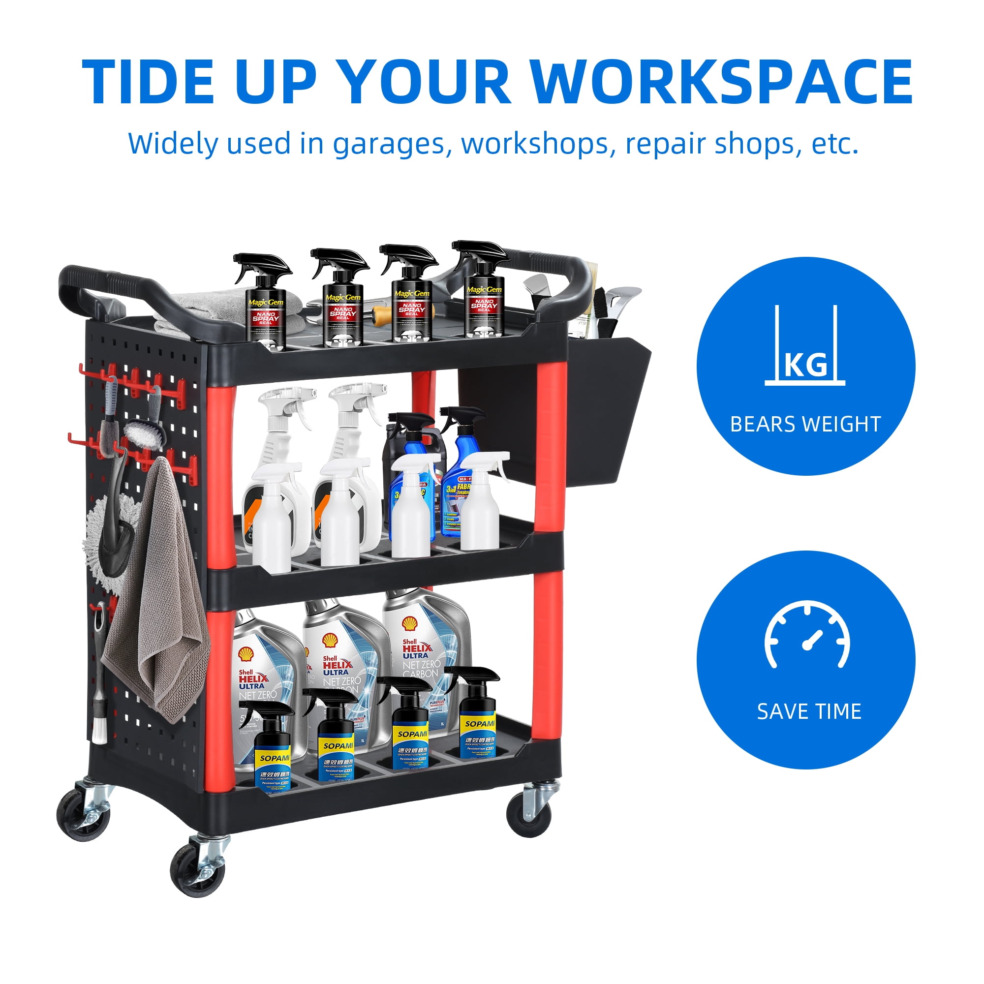 Dextrus 3 Tier Rolling Utility Tool Cart, 38" Workshop Service Cart with Lockable Wheels, 297 lbs - Image 4