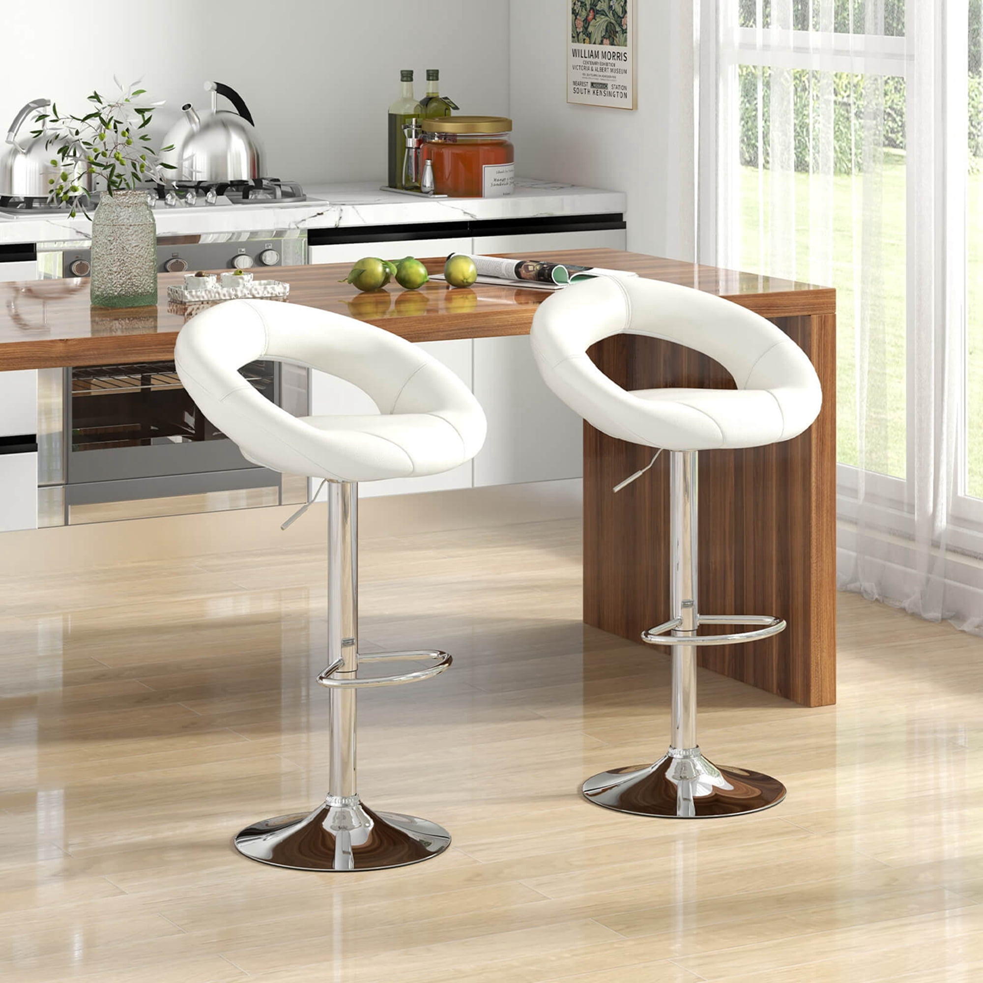 Costway Set of 2 Bar Stools Adjustable PU Leather Barstools Swivel Pub Chairs White - Image 5