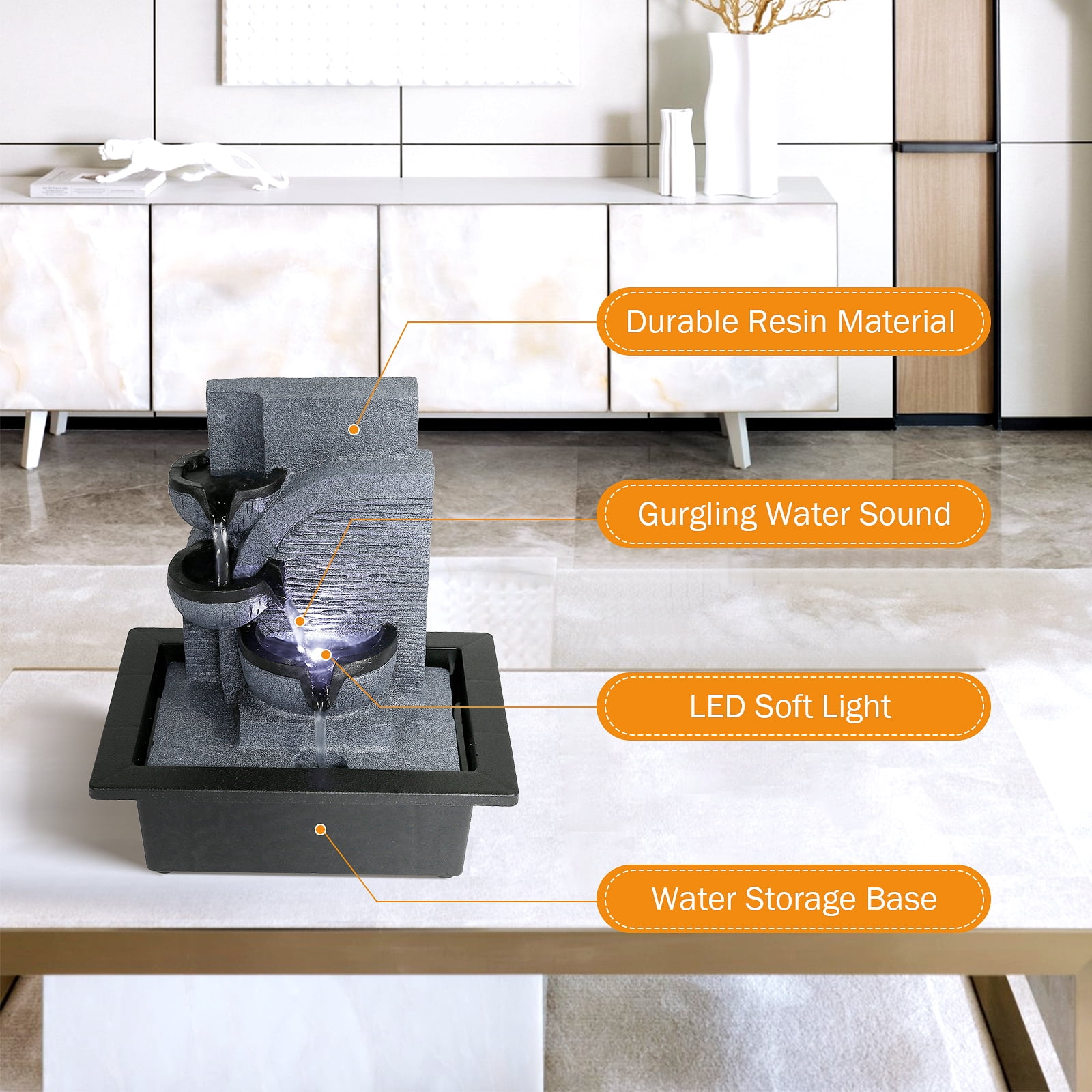 BEAMNOVA 10.6"Tall Tabletop Water Fountain, 3 Tier Flowing Bowls Waterfall Desktop Fountain Indoor Decor, White Light - Image 3