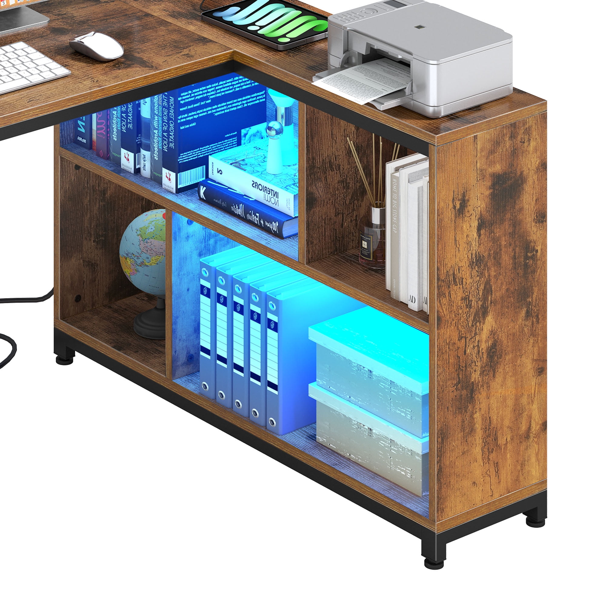 Dextrus L Shaped Desk with LED Light & Power Outlets, 55 Inch Reversible Corner Desk with Storage Shelves, Computer Desk Office Desk Executive Desk Writing Desk for Home Office, Brown - Image 10