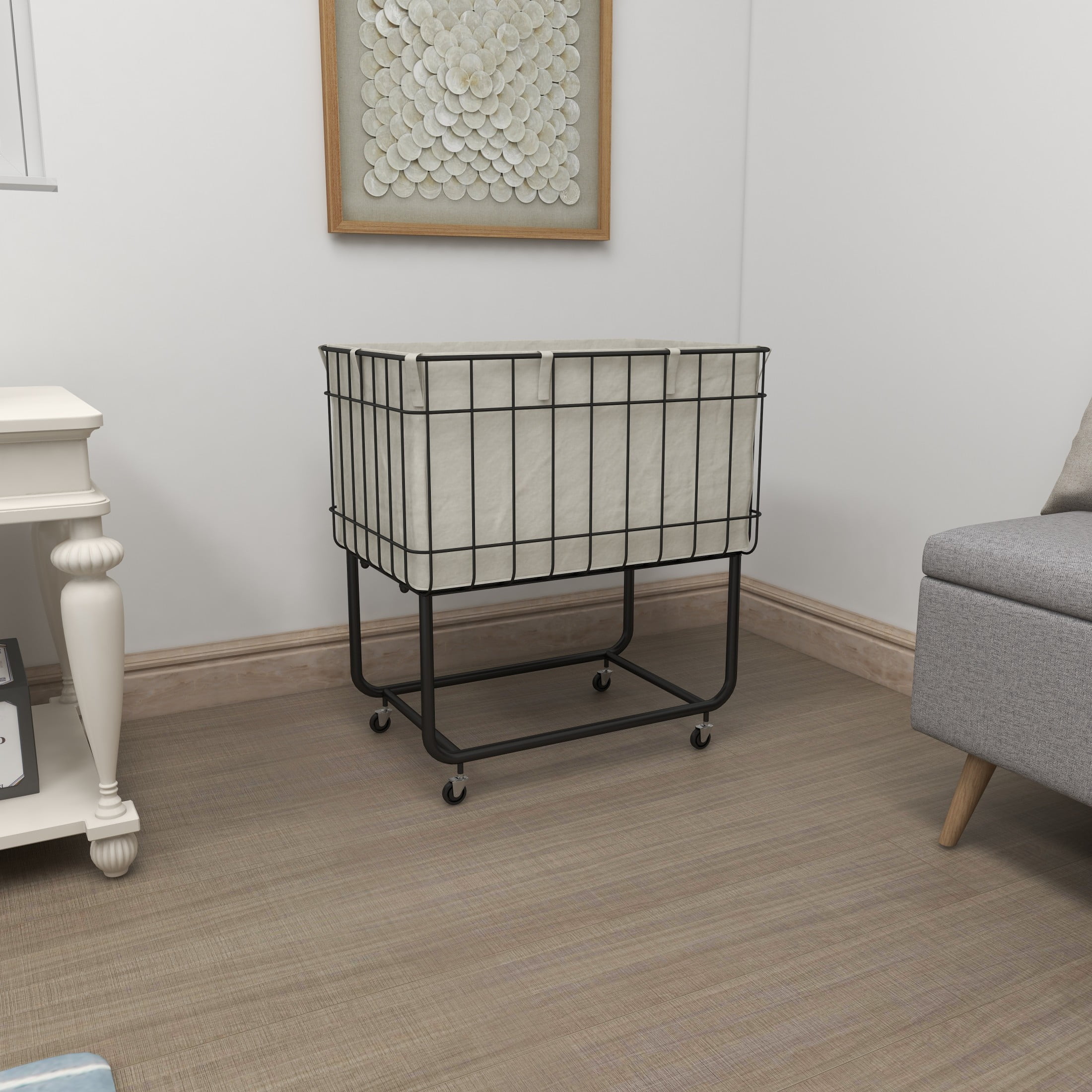 DecMode Black Metal Deep Set Wire Basket Storage Cart with Wheels and Fabric Lining - Image 9