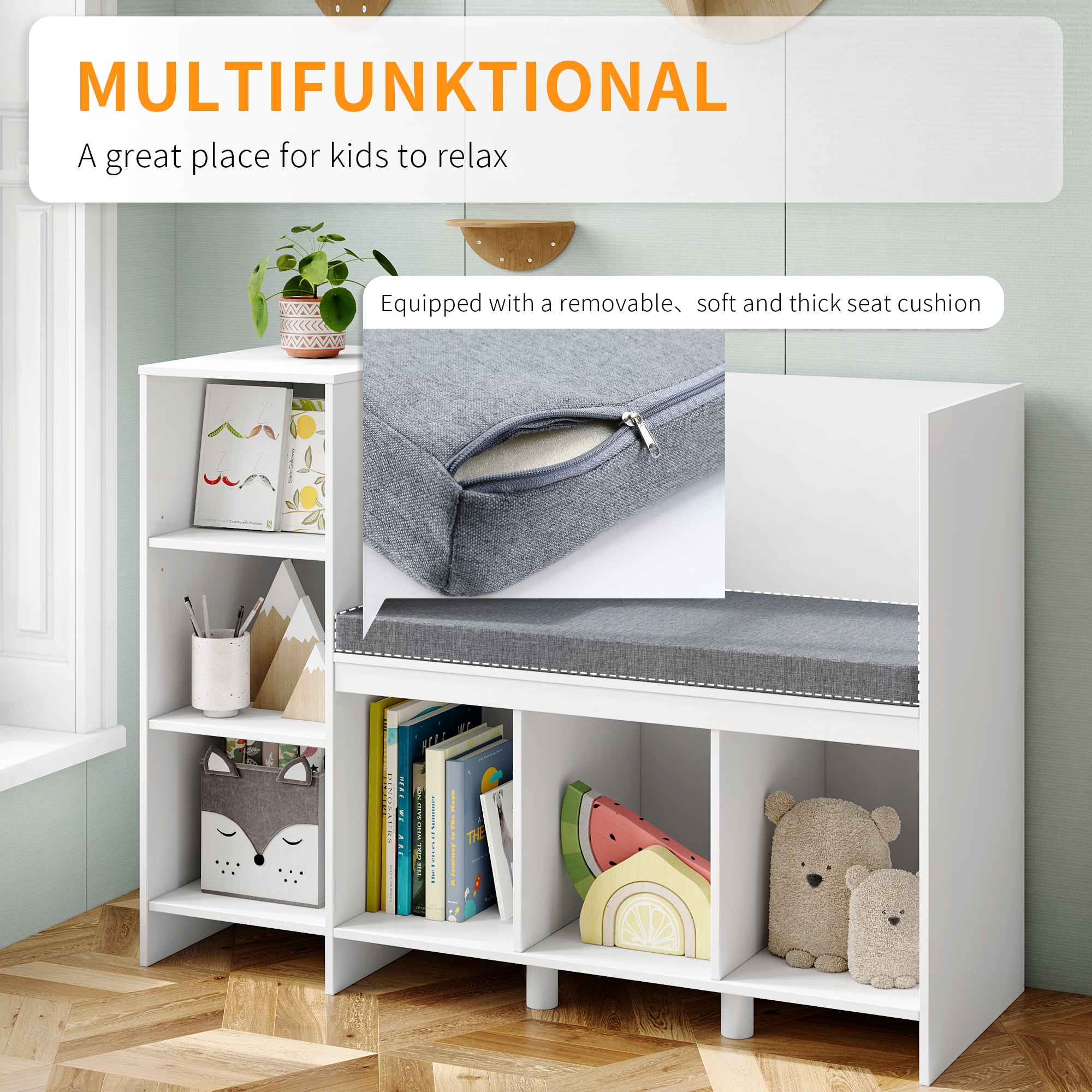 Homfa 6 Storage Cube Organizer, Open Toy Display Bookshelf with Seat for Kids Room, White Finish - Image 9