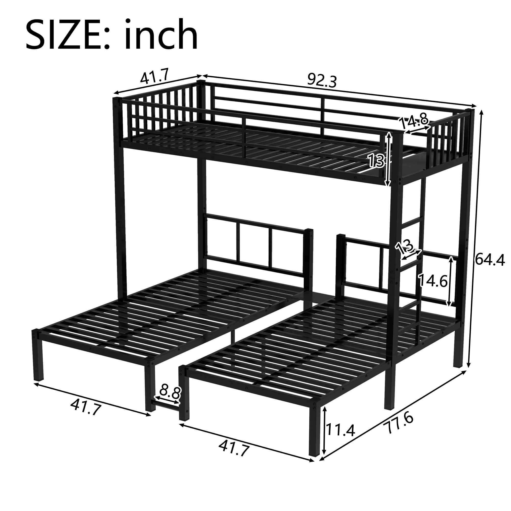 Alvantor Triple Bunk Bed Twin Size for 3, Metal Twin Xl over Twin & Twin Bunk Beds with Ladder and Shelf, Separates Into 3 Twin Beds Black - Image 4