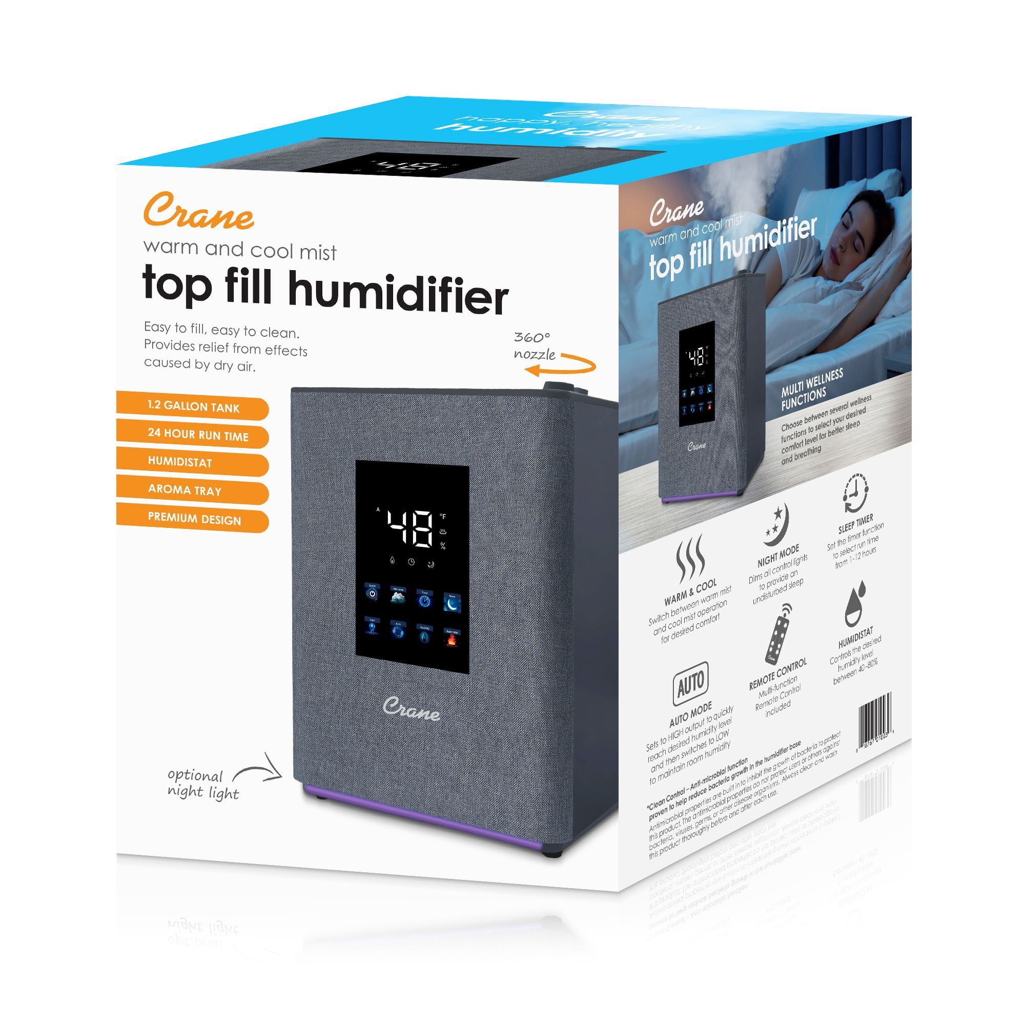 Crane Top Fill Warm & Cool Mist Humidifier, 1.2 Gallon Tank, Digital Humidistat & Touchscreen, With Remote - Image 5