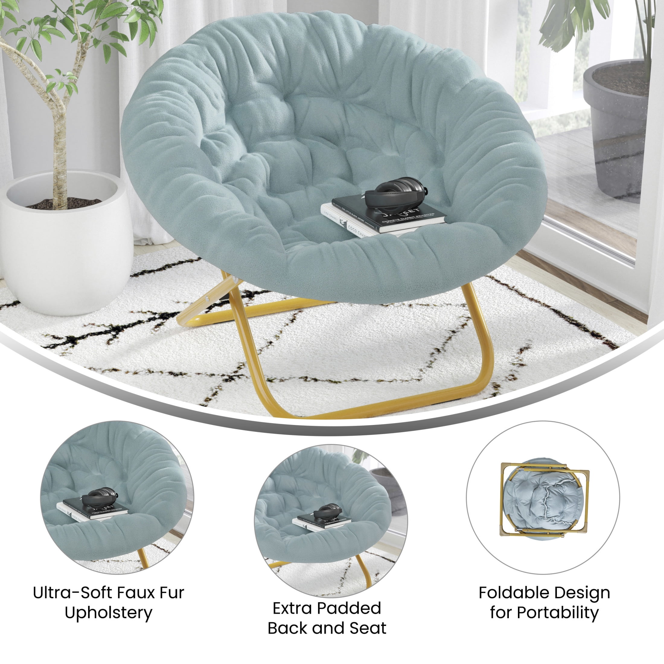 Flash Furniture Gwen 38" Oversize Adult Folding Faux Fur Saucer Moon Chair for Dorms, Aqua/Gold - Image 5