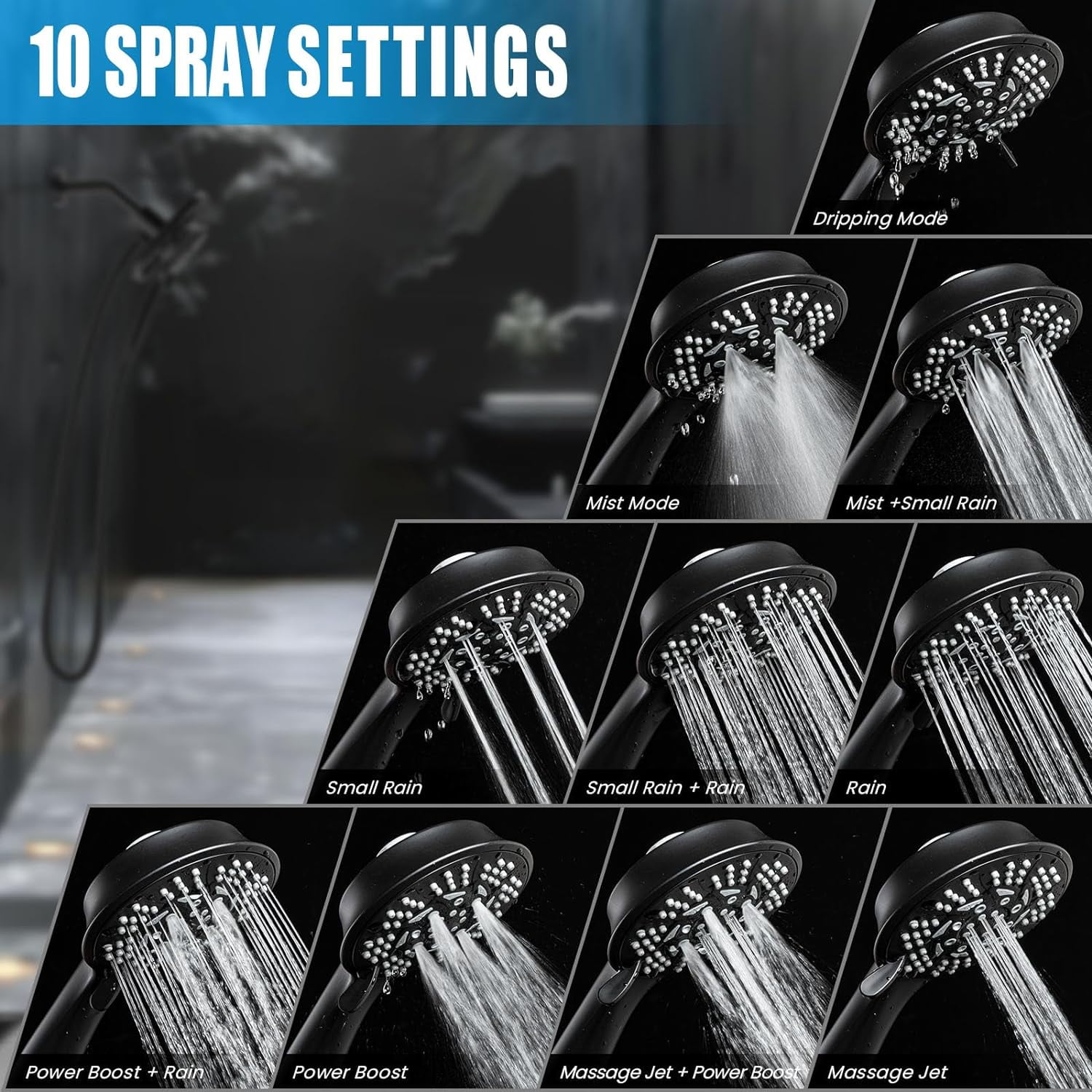 KINGTACK 10-Setting High Pressure Shower Heads, 2 in 1 Rainfall Shower Head & Handheld Showers with Magnetic Docking System, Handheld Shower Head with 59" Rotatable Stainless Steel Hose, Black - Image 2