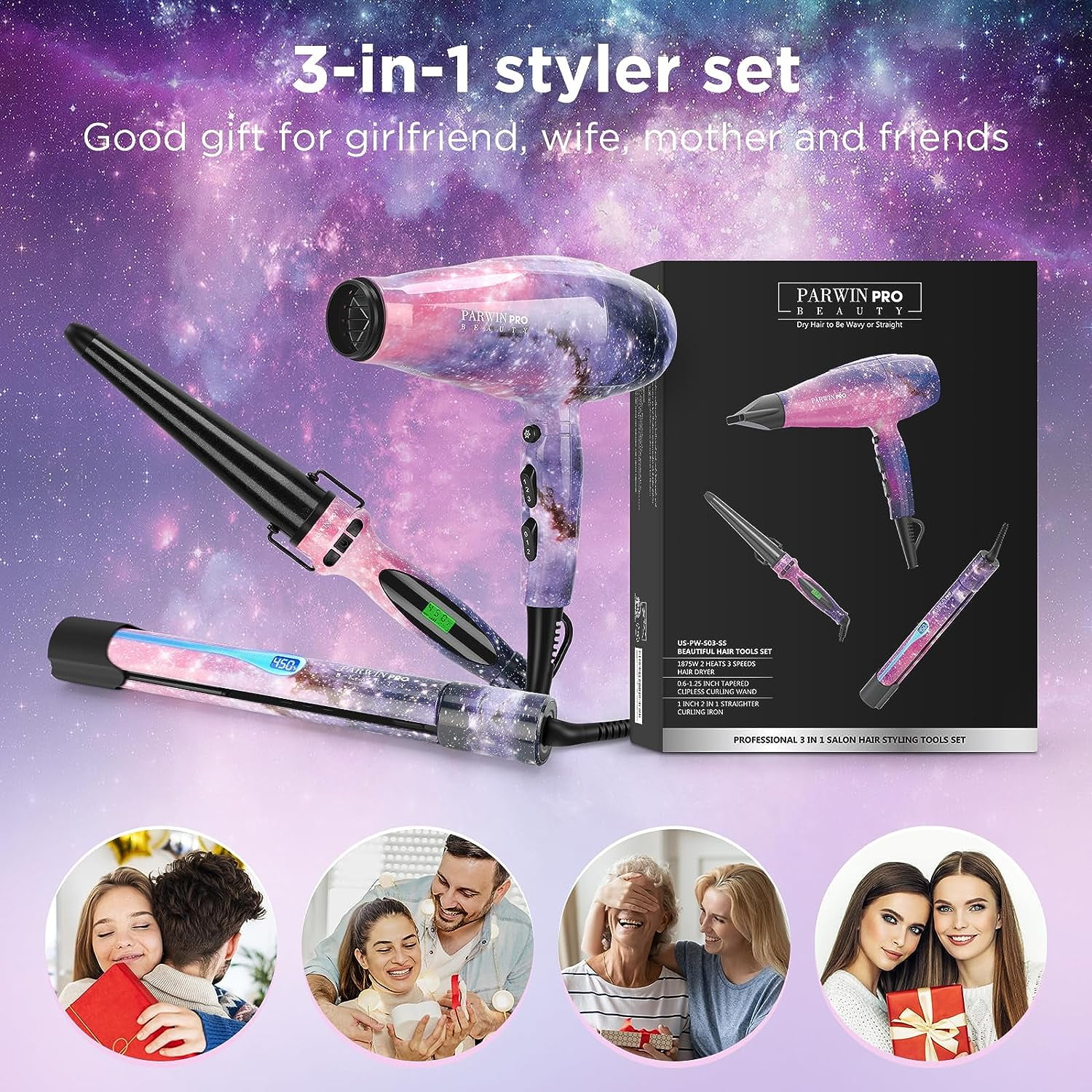 PARWIN PRO BEAUTY Titanium Hair Dryer Straightener Cone Curling Iron Combo | 1875W Power | Starry Color Upgraded model | Perfect Gift Styling Set - Image 3