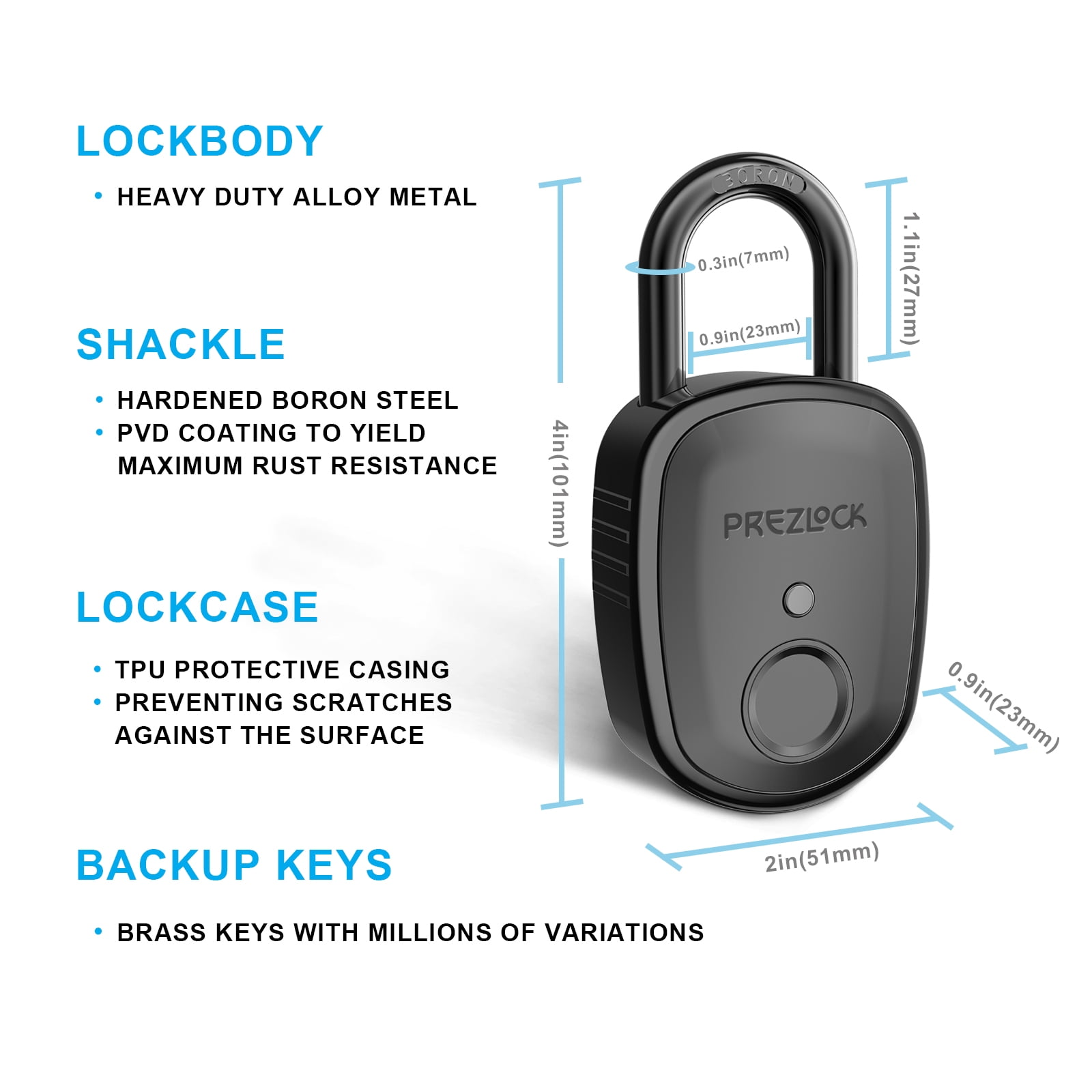 Fingerprint Padlock with Key Backup, 2keys, Prezlock, 51mm Alloy Metal Body with 1-1/8 inch Boron Shackle, Suitable for Outdoor and Heavy Duty. - Image 3