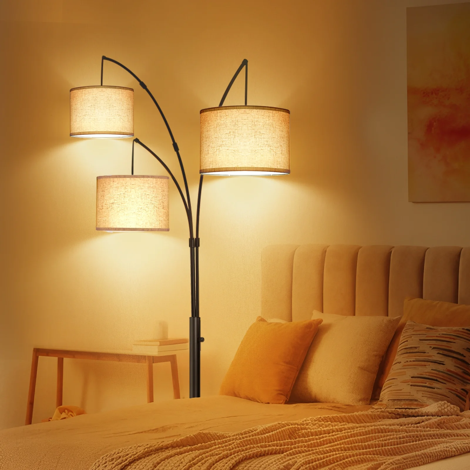 OUTON 3 Light Floor Lamp, 80" Mordern Standing Lamp with Linen Lamp Shade, Arc Floor Lamp for Living Room, Bedroom, Office, 3 Bulbs Includes(Black) - Image 2