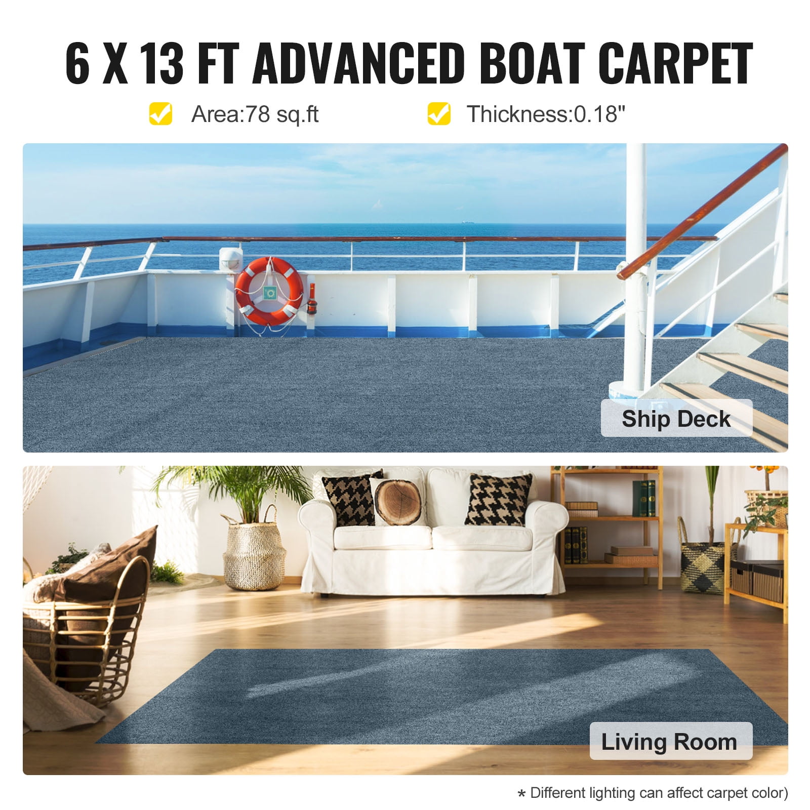 VEVOR Boat Carpet 6x13' Indoor Outdoor Marine Carpet Rug - Size Optional - 32 oz. waterproof patio Anti-slide rug, Gray - Image 3