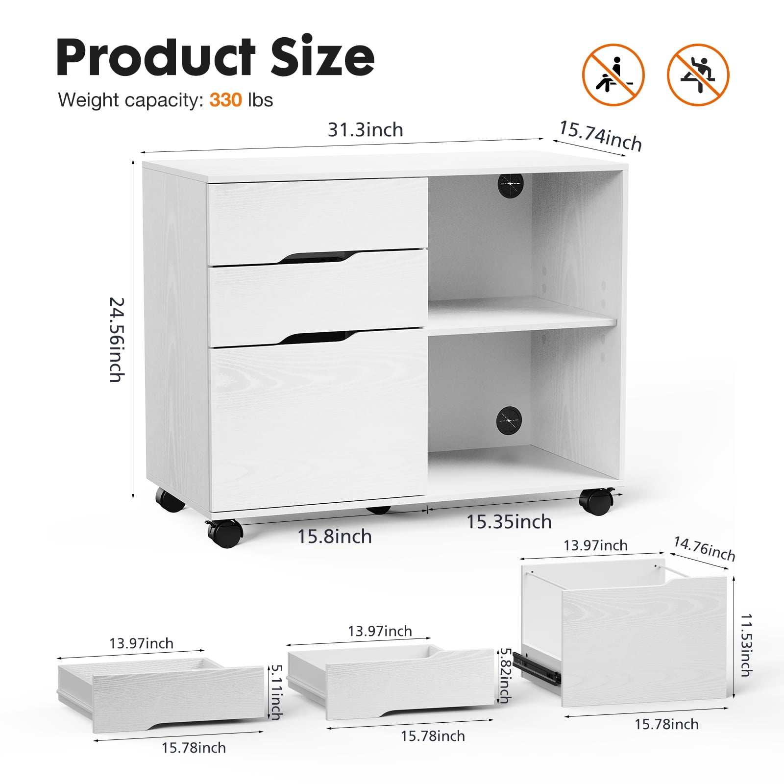 Edx Wooden 3 Drawer File Rolling Cabinet with Wheels, White - Image 5