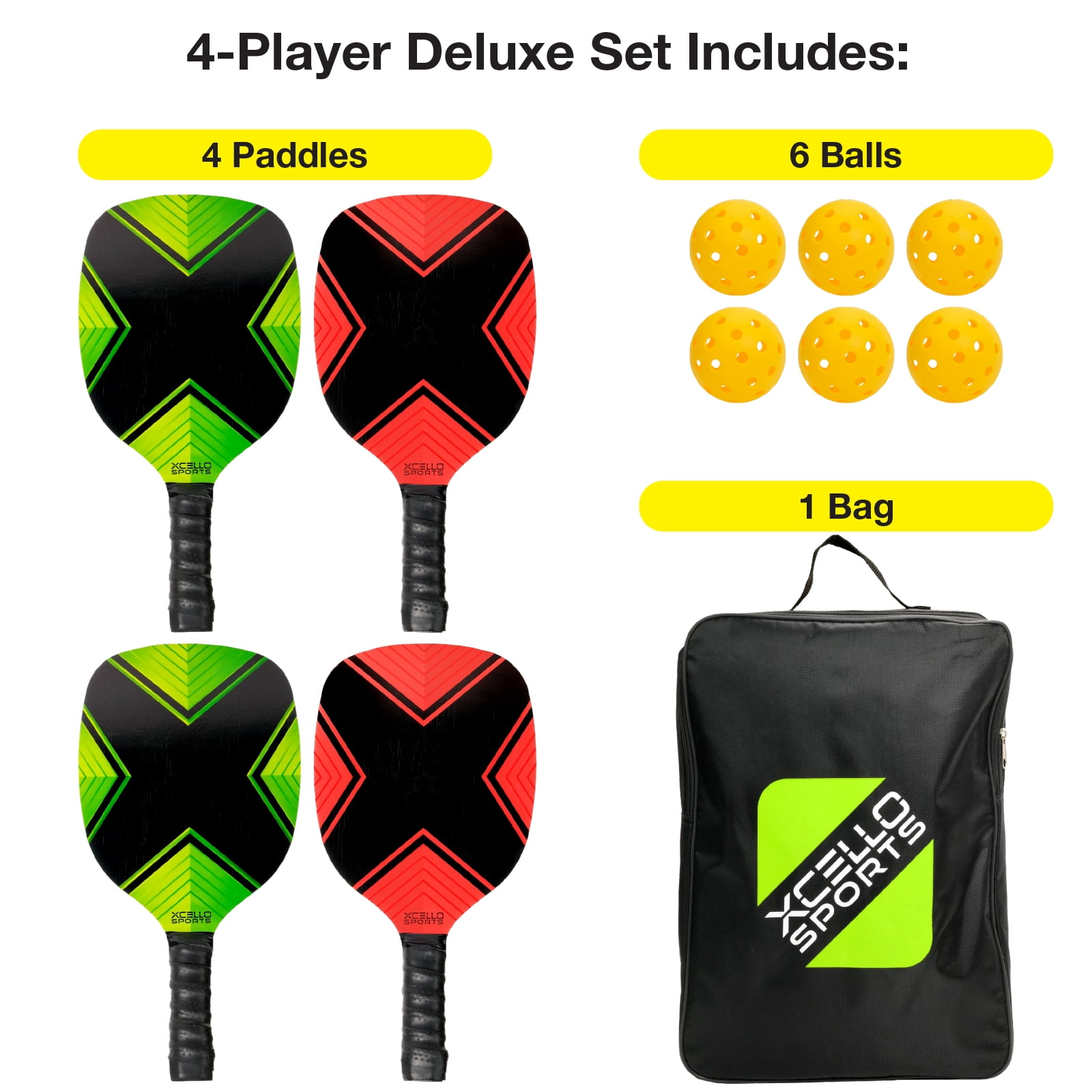 Xcello Sports Pickleball Set of 4 Premium Pickleball Paddle with 6 Outdoor Pickle Balls and Carry Pickleball Bag, 2 Green and 2 Red Paddles - Image 4