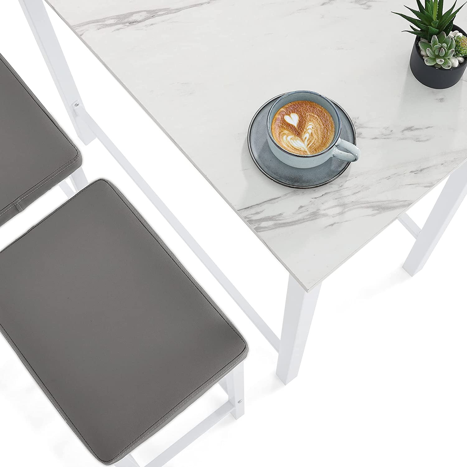 Bar Table Set with 2 Cushioned Counter Height Stools, Dining Table Set for 2, White Faux Marbled - Image 2