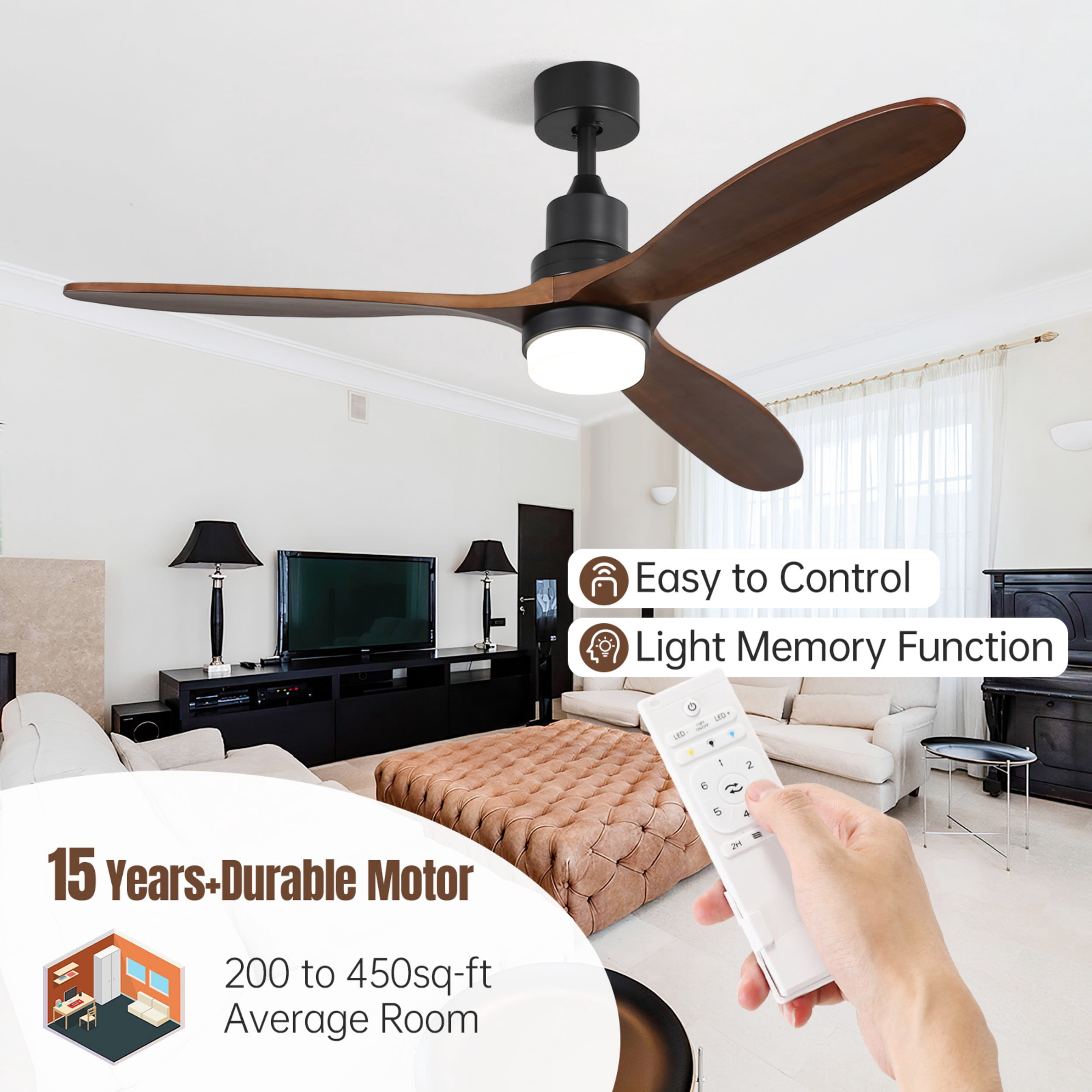 Sofucor 60-Inch Matte Black Ceiling Fan with Lights, Remote, Walnut Blades, Dimmable Light, Reversible DC Motor - Image 7