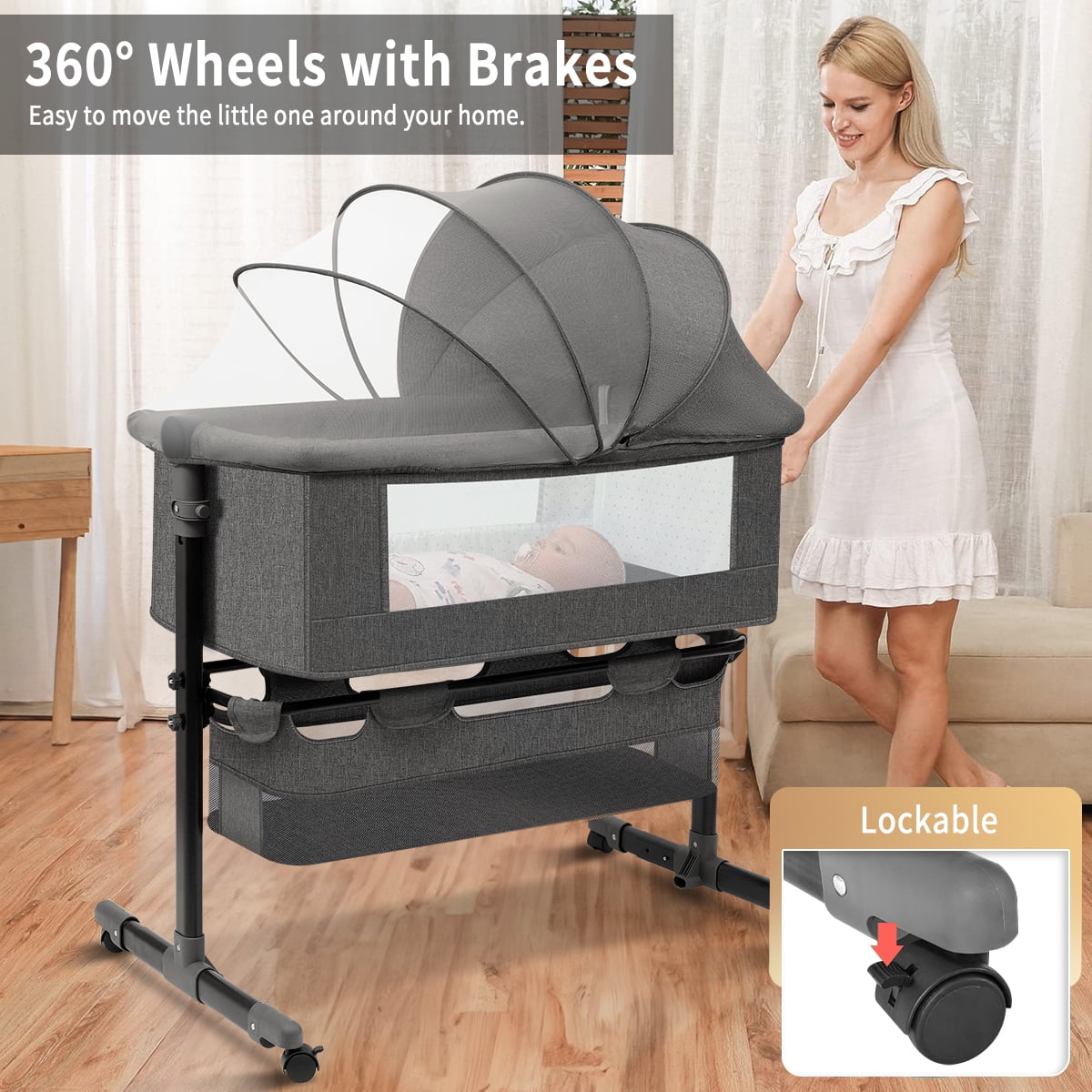 HDJ 4 in 1 Baby Bassinet, Portable Infant Bedside Crib with Lockable Wheel for 0-6 Months Baby, Dark Gray - Image 7