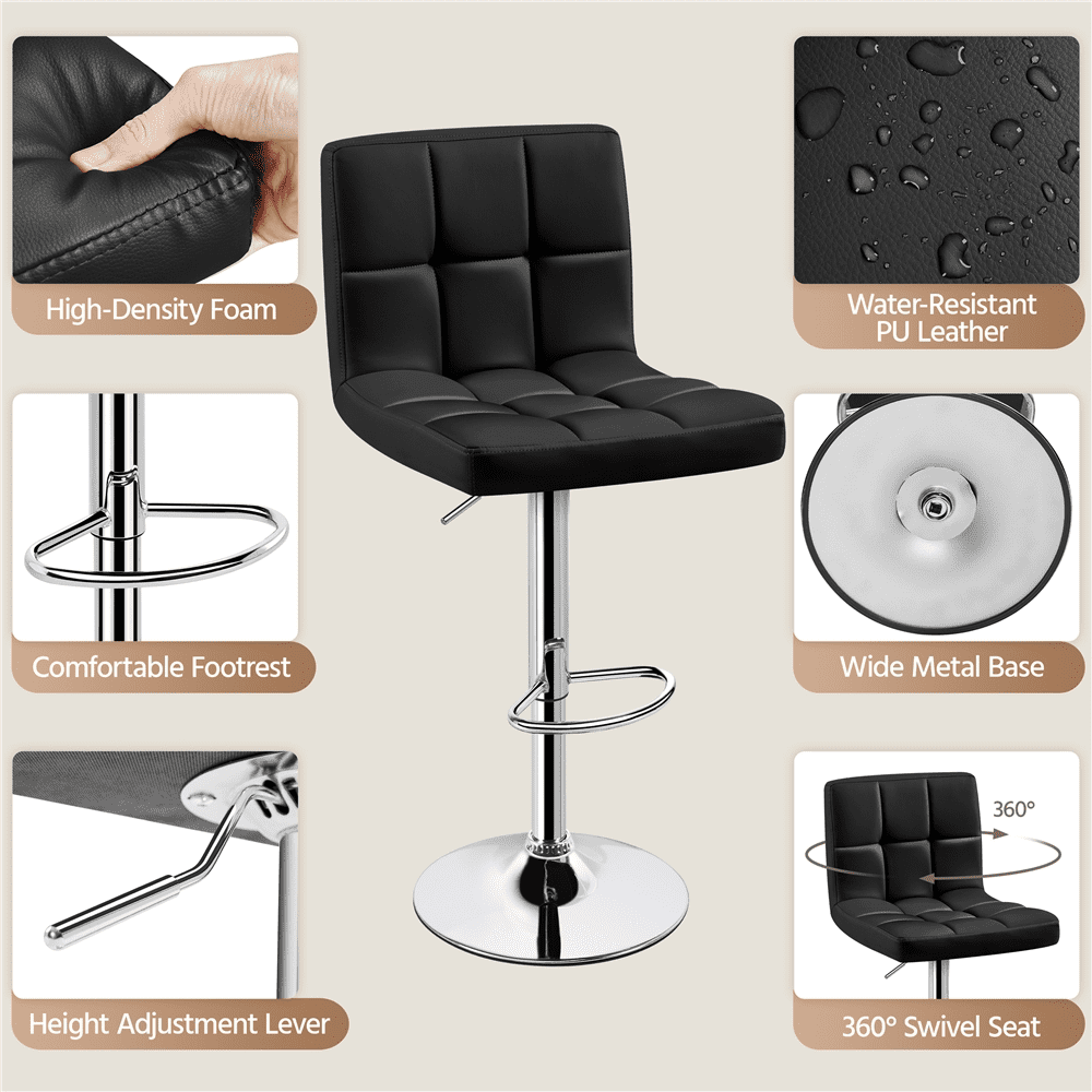 Renwick Adjustable Modern Faux Leather Mid-Back Bar Stool, Set of 2, Black - Image 7