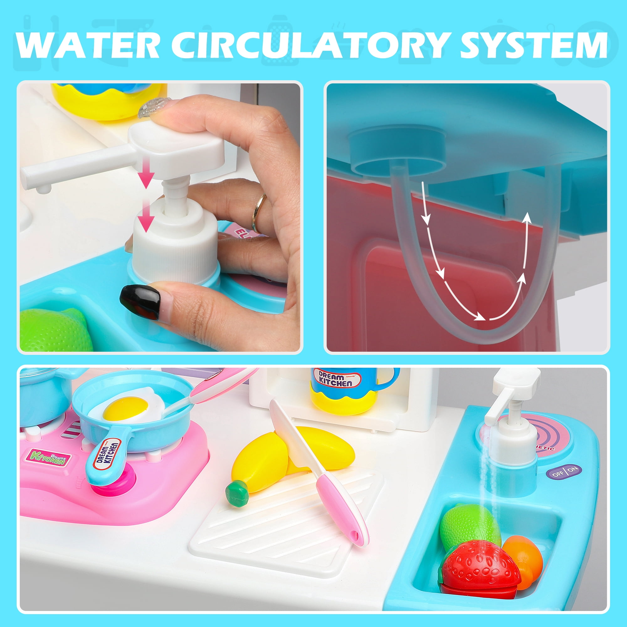 Hot Bee Blue 34 inch Toy Kitchen Sets for Girls Boys, Pretend Play Kitchen Accessories Sets w/ Realistic Cooking Sounds&Lights, Christmas Gifts Toys for Kids 3 4-8 - Image 3