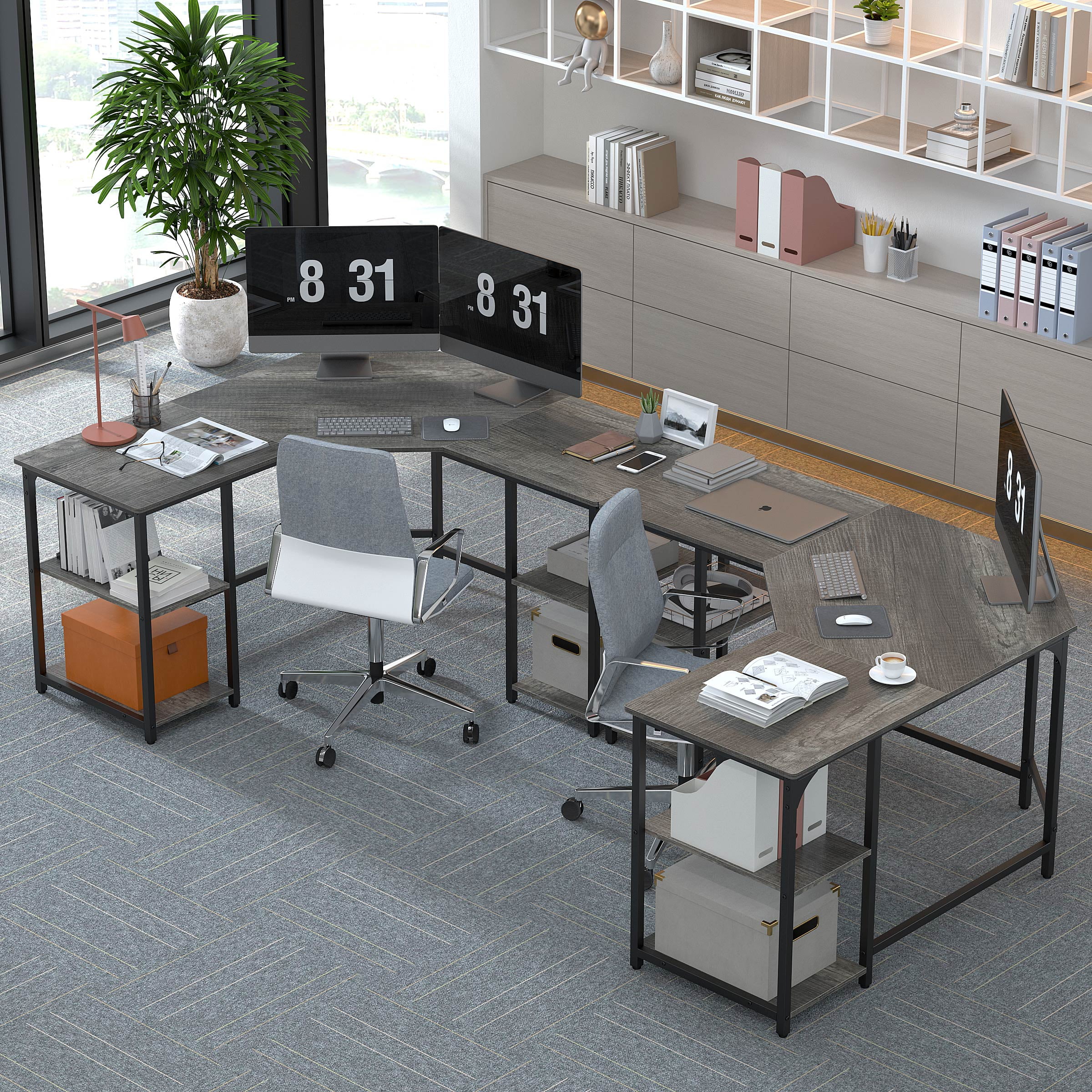 Yoneston L-Shaped Desk with Double Shelves, Large Computer Corner Desk Home Office Workstation PC Laptop Table with Storage - Boak - Image 2