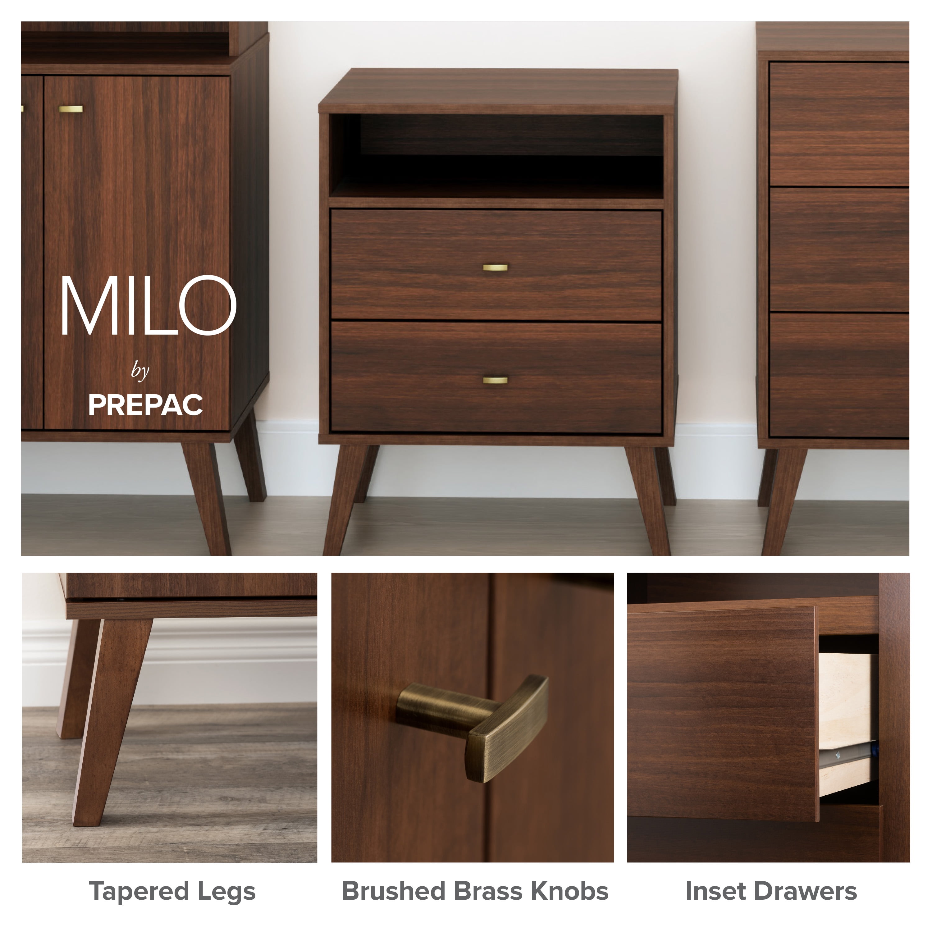 Prepac Milo Mid-Century Modern 2-Drawer Nightstand, 16"D x 25"W x 25"H, Cherry - Image 11