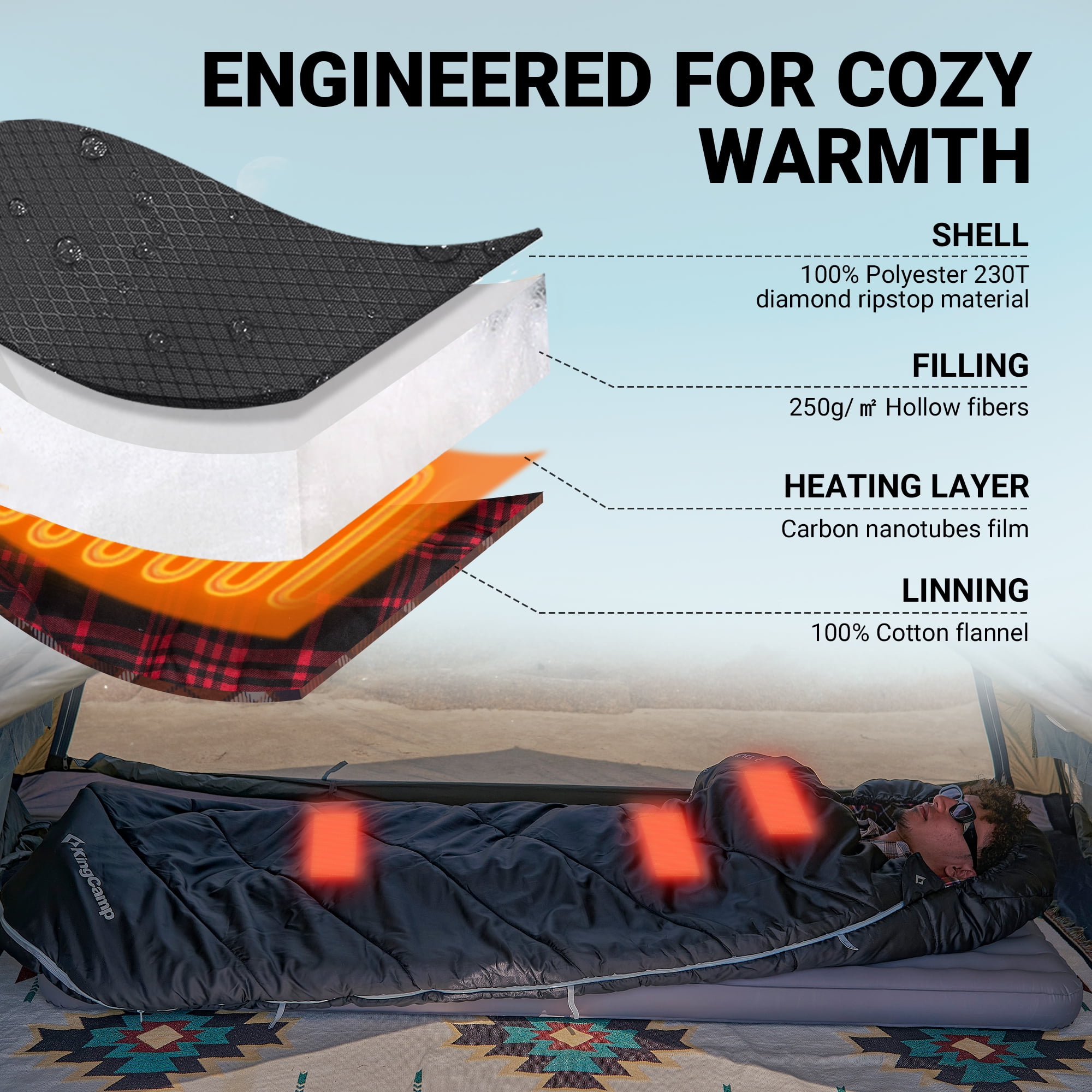 KingCamp Oversized Heating Sleeping Bags Cotton Flannel Cold Weather Sleeping Bag with 3 Adjustable Heating Levels for Adult - Image 6