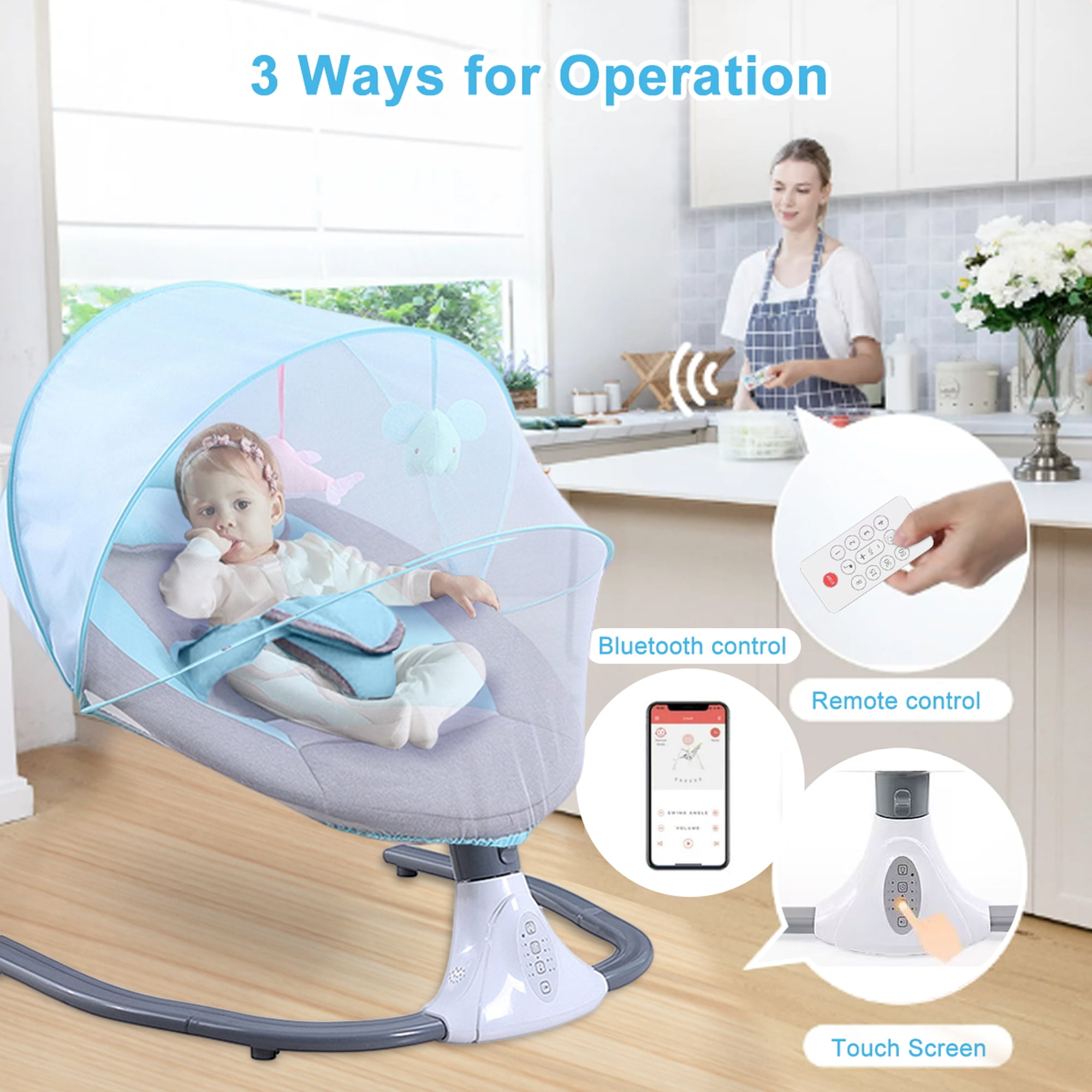 EONROACOO Portable Baby Swing, 4 Speed Infant Toddler Swing Bouncer, Bluetooth, Blue - Image 9