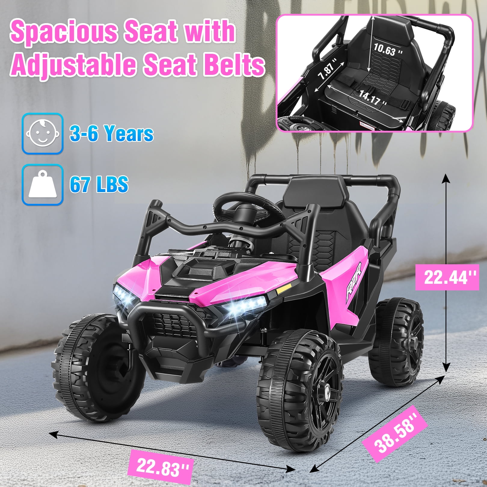 Funcid 12V Ride on Toys with Remote Control, Single Seater Ride on Cars, 200W Electric Car for Kids w/ Bluetooth, Knob Volume Control, Battery Indicator, MP3, Spring Suspension, Pink - Image 7