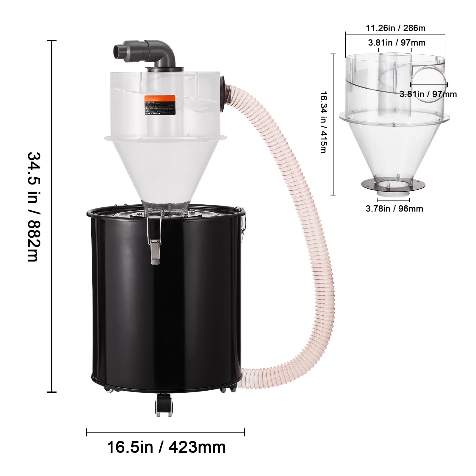 KFFKFF Dust Cyclone Kit with Steel Container, 4" Upgrade for Dust Collection Systems, ABS Dust Deputy, 2" Outer Diameter Connector & Hose for Wet/Dry Vacuums, Compatible with 13.21 Gallon Tanks - Image 3
