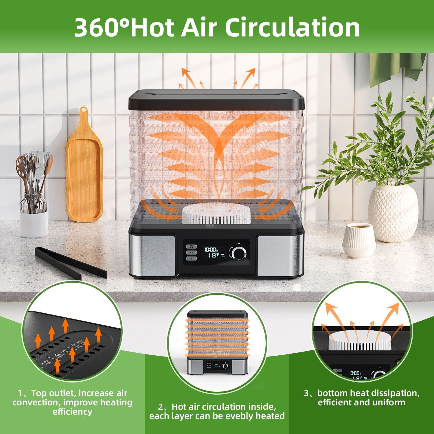 FOUKUS 7-Tray Food Dehydrator Machine: 400W Electric Food Dryer for Jerky, Fruits, Vegetables, Dog Treats, Herbs, Snacks - Adjustable Temperature & 24H Timer, LCD Display, Silicone Tongs Included - Image 4