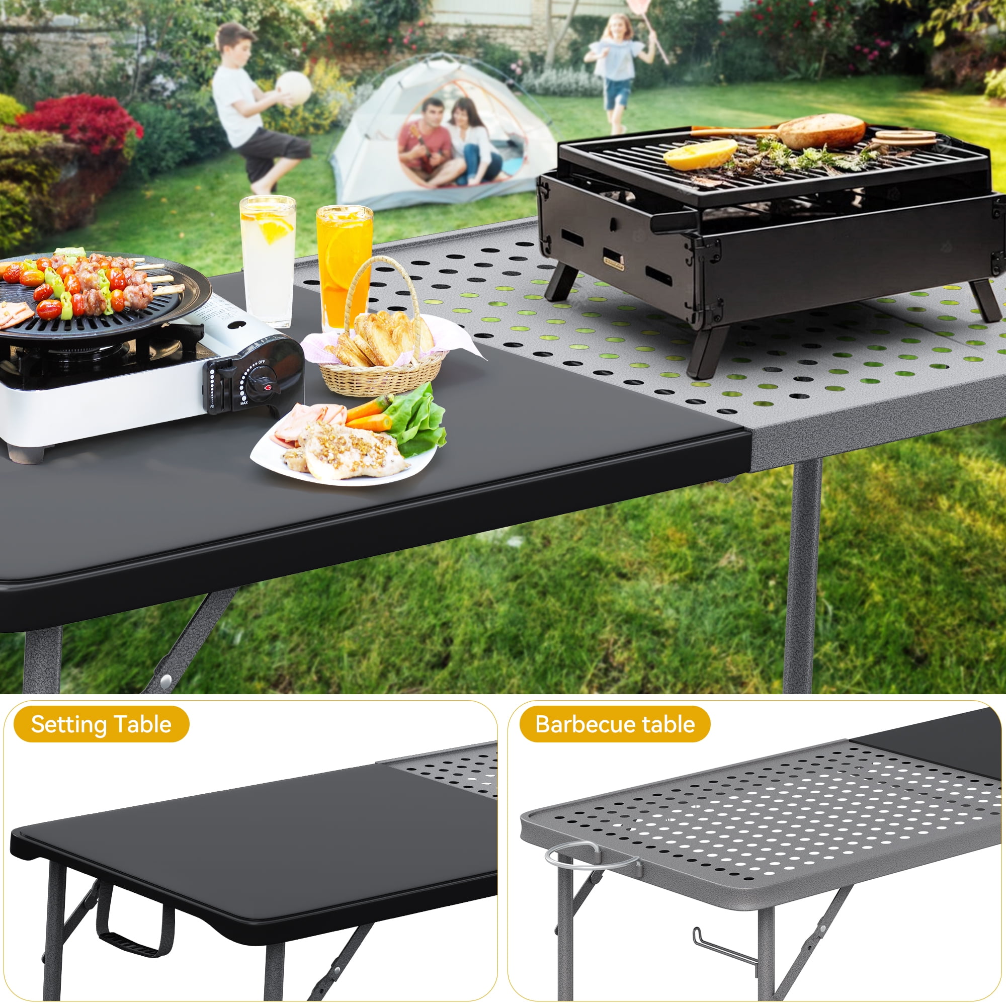 Dextrus Portable Folding Grill Table, 6Ft Metal Outdoor Table with Mesh Surface, 2-in-1 Design for Camping, BBQ, Picnic, Black - Image 3