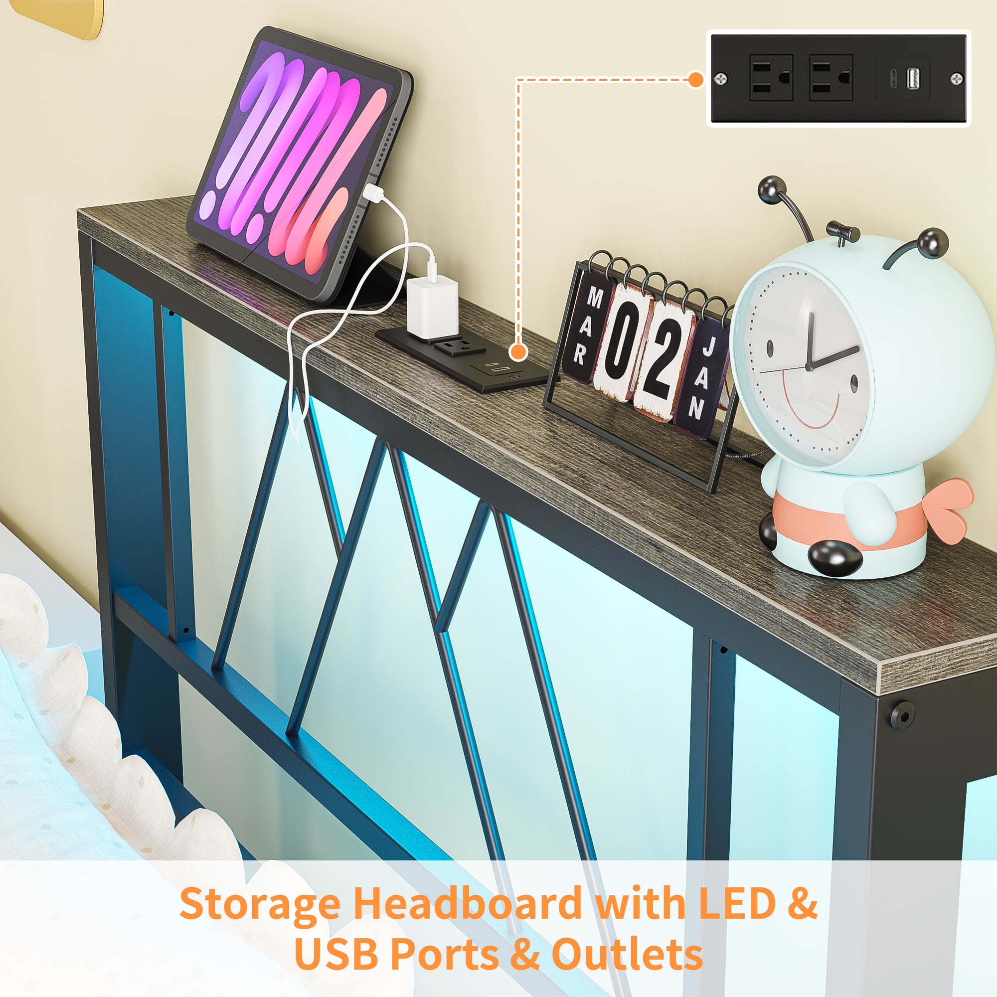 Yoneston Twin Size Platform Bed Fame with LED and Charging Station Storage Headboard No Box Spring Need for Kids Furniture, Black - Image 3