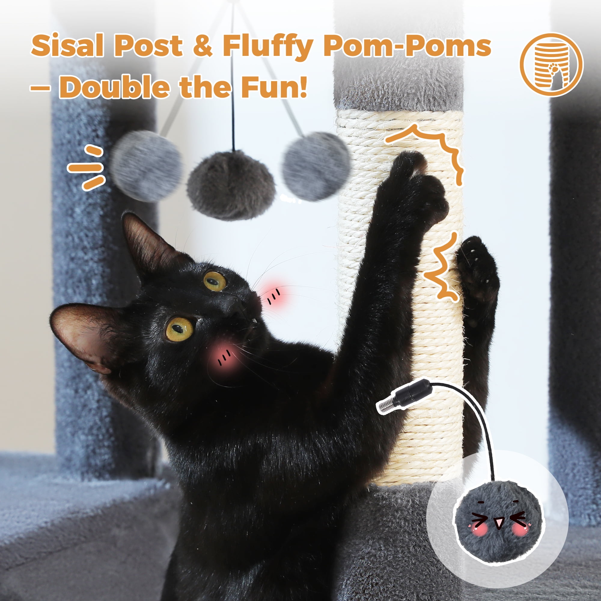 PAWZ Road 64" Cat Tree 5-Tier Sisal Scratching Post Tower Hammock Perch for Indoor Cats, Dark Gray - Image 10