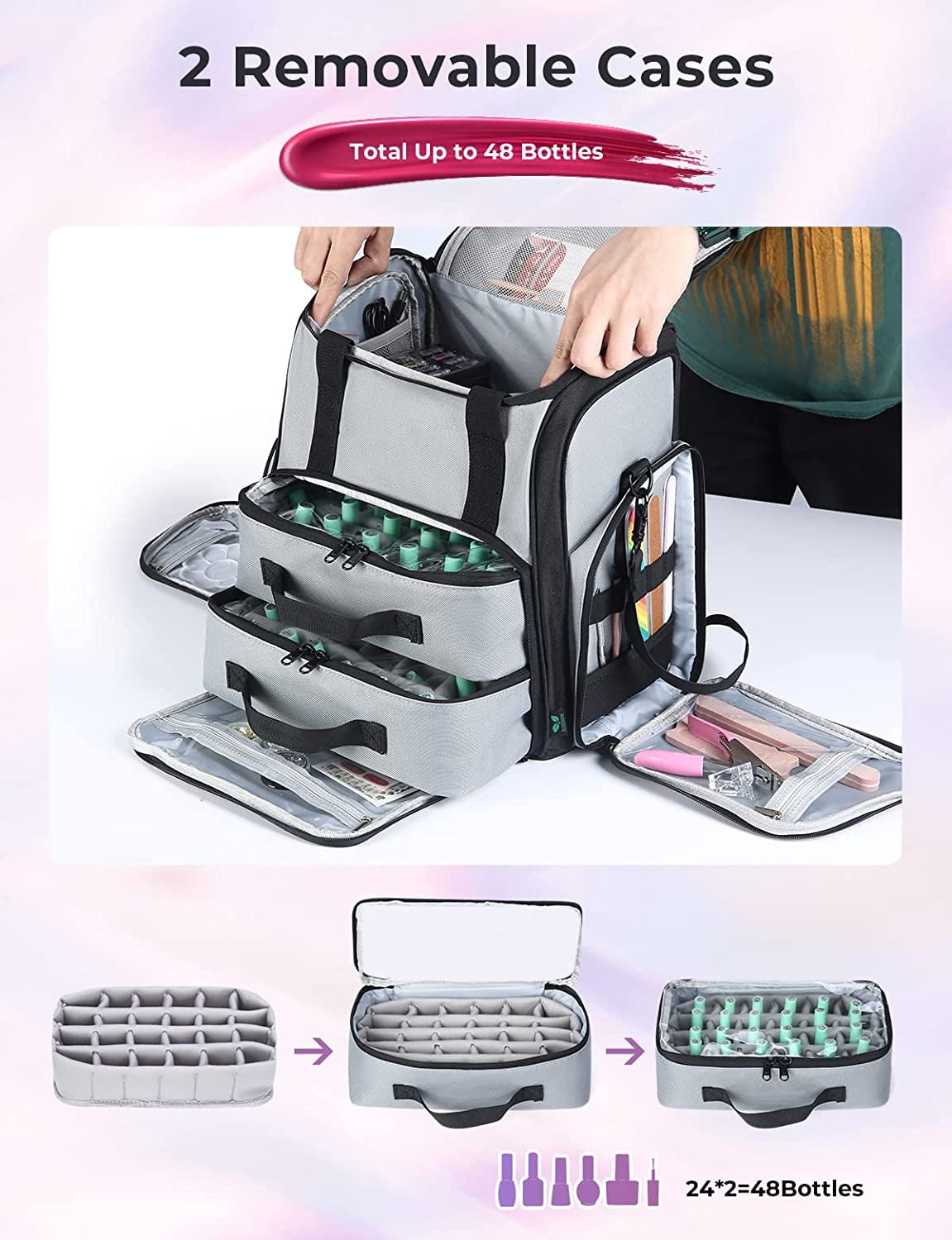 JOYTUTUS Nail Polish Carrying Organizer Storage Case 48 Bottles,Double Layers Makeup Bag,Manicure Accessories Holder, Travel Storage Case, Portable waterproof Carrying Bag - Image 2